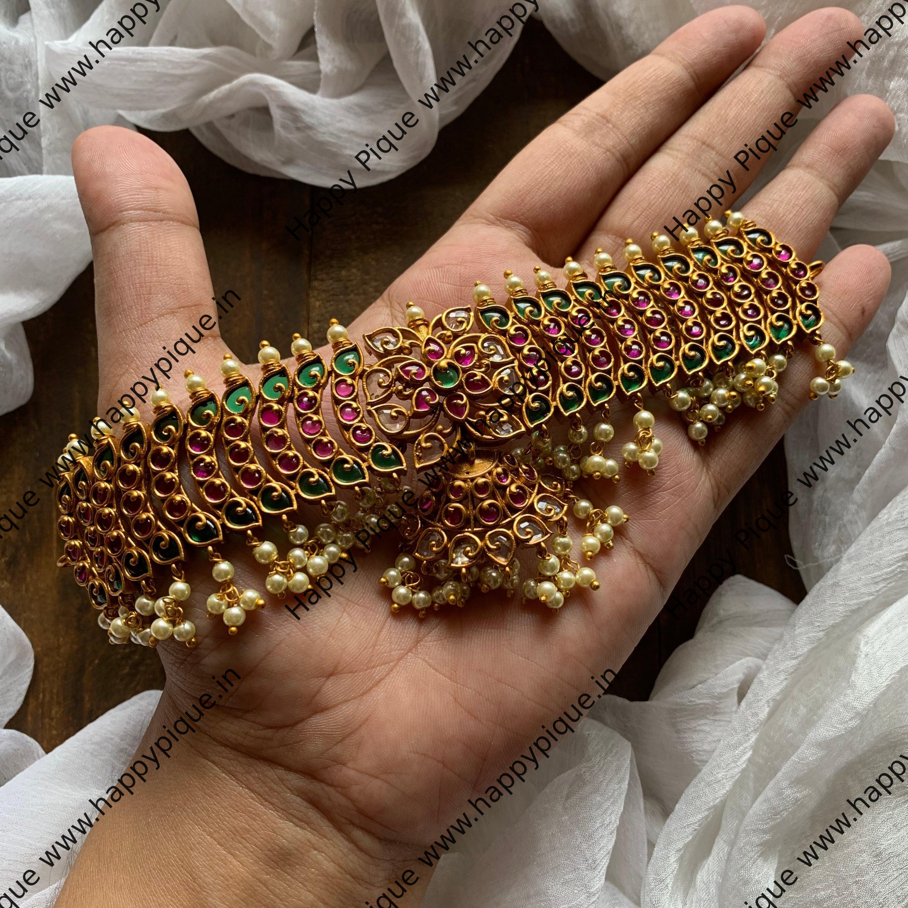 Matte Kemp & CZ Stones Studded Designer Pearl Choker - Red & Green