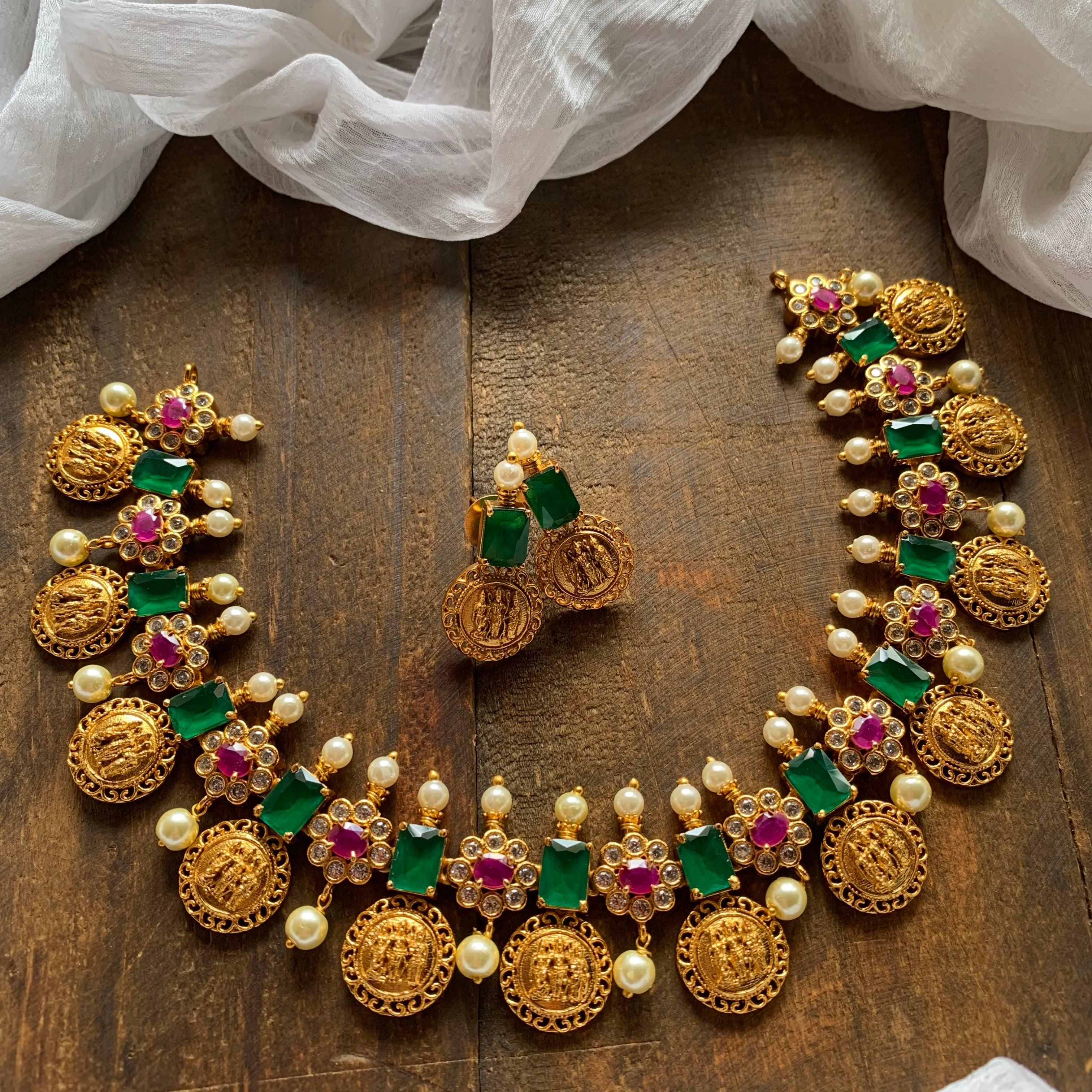 Gold Look Matte AD Ram Parivar Coin Necklace - Happy Pique