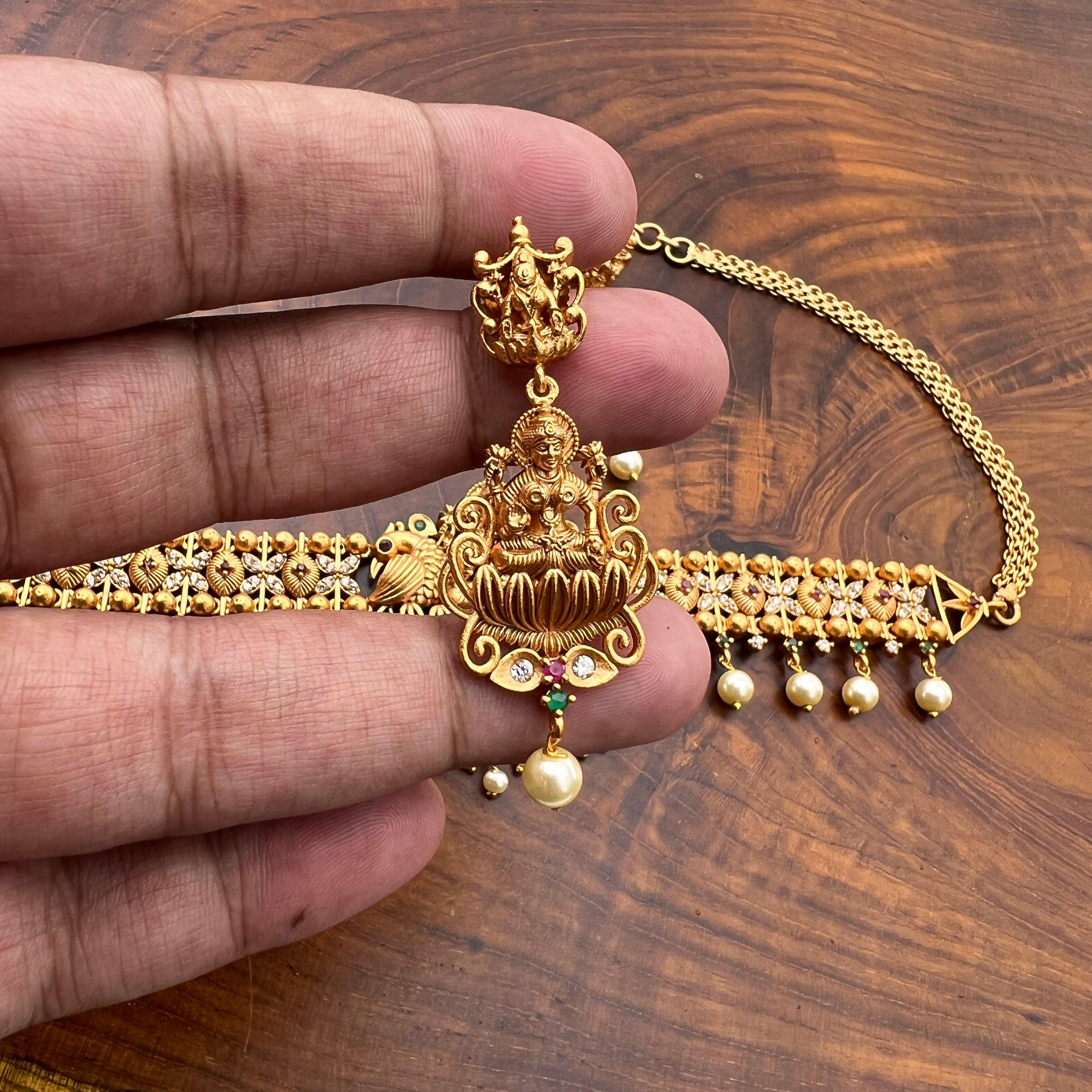 Antique Matte Mahalakshmi High Neck AD Choker Necklace Set- Happy Pique