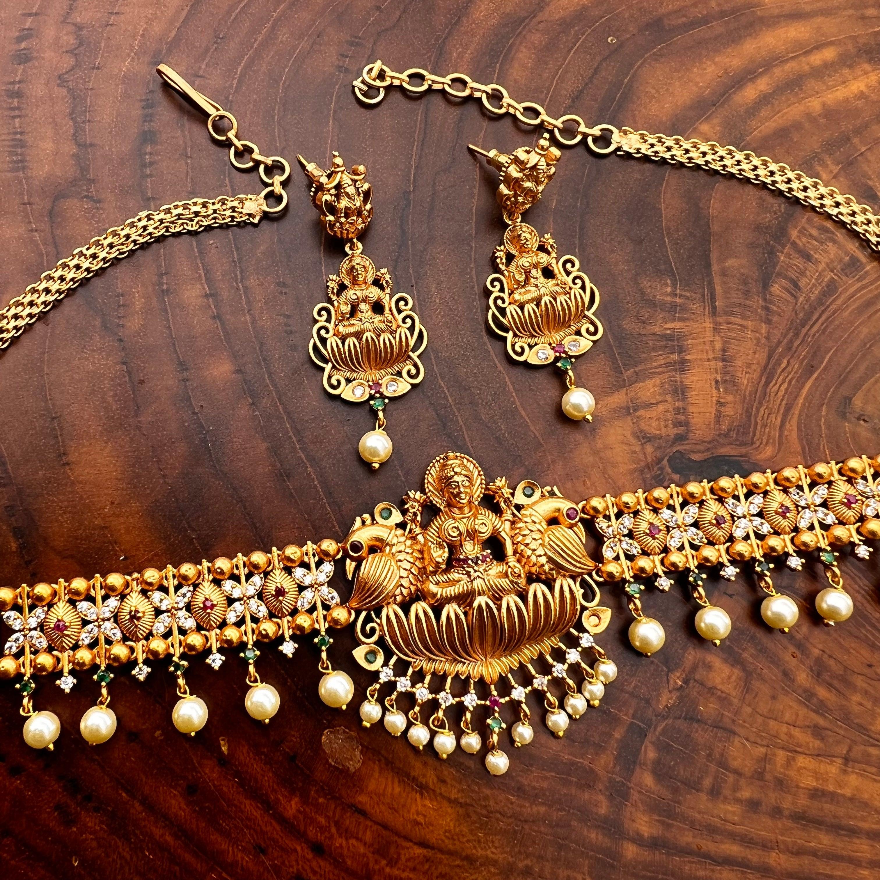 Antique Matte Mahalakshmi High Neck AD Choker Necklace Set- Happy Pique