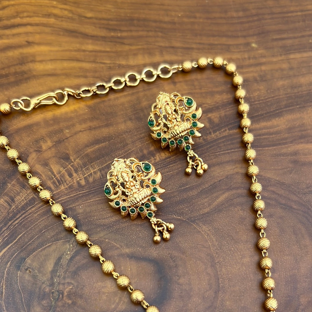 Kids Budget Friendly Lakshmi Pendant Short Mani Mala With Earrings - Green - Latest Hotseller