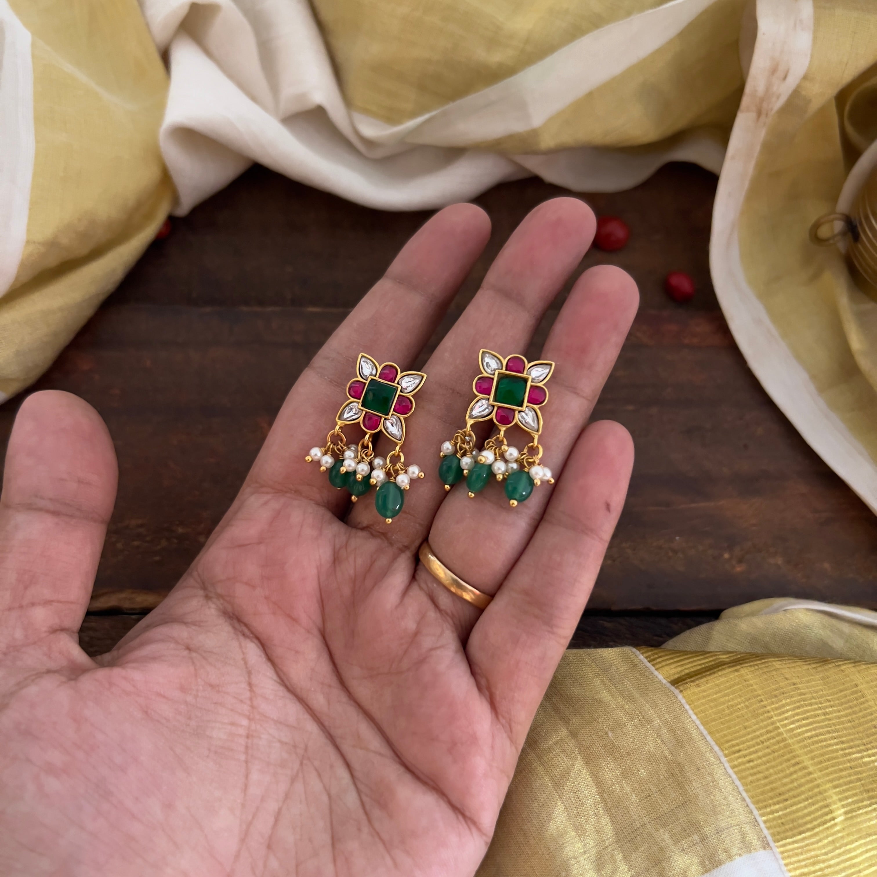 Gold Plated Square Jadau Kundan Earrings