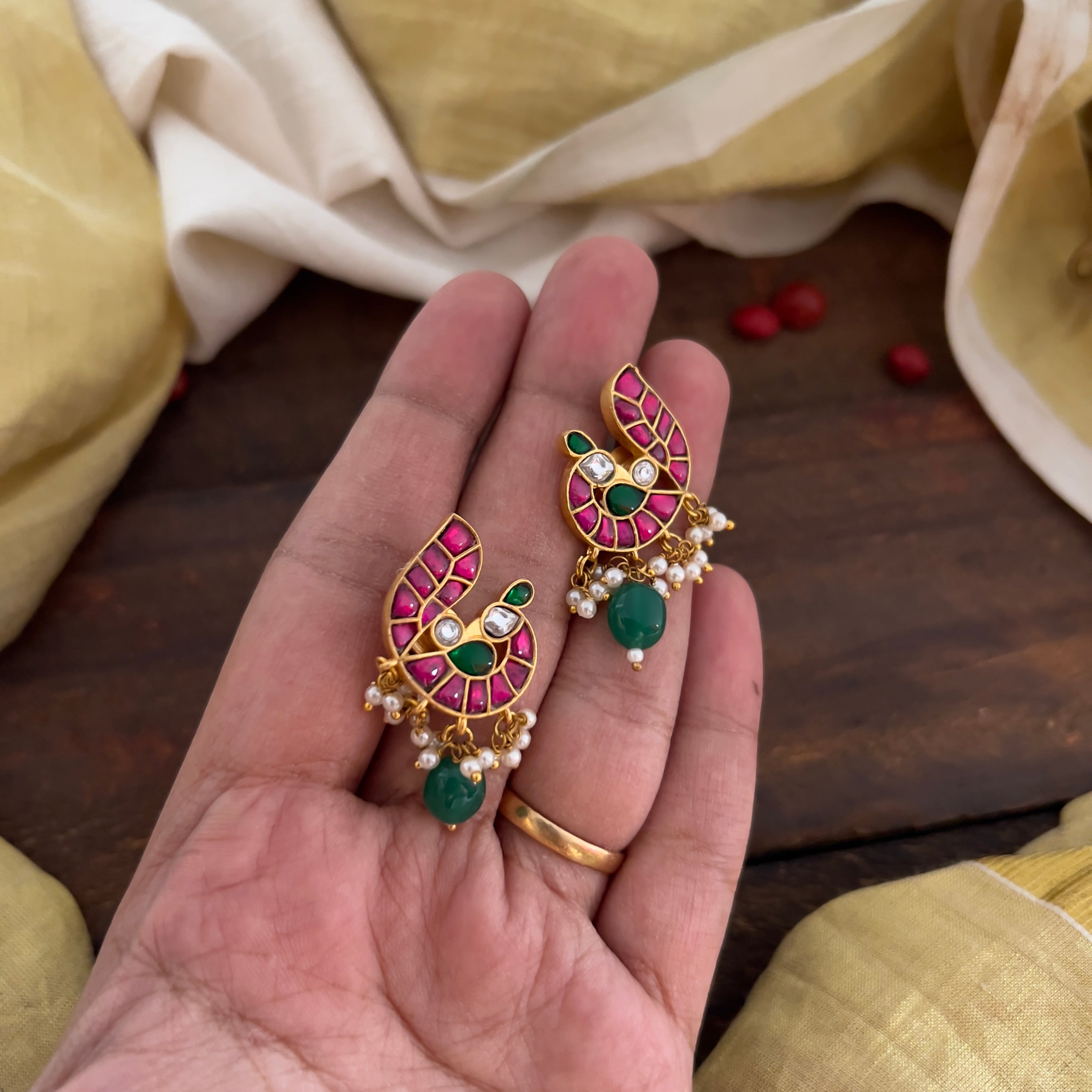 Gold Plated Bird Drop Jadau Kundan Earrings