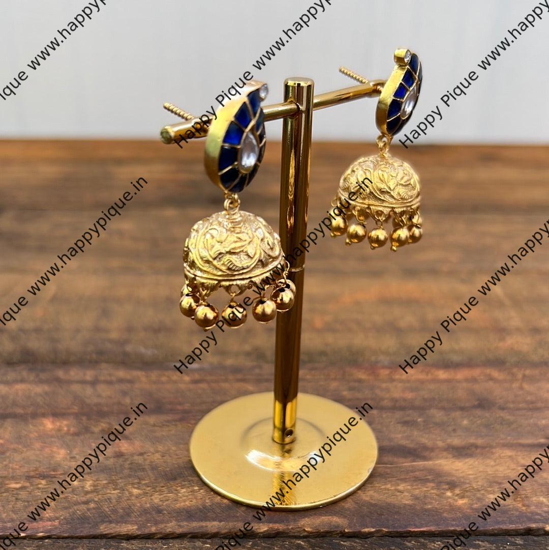 Jadau Kundan Mango Jhumkas - Blue