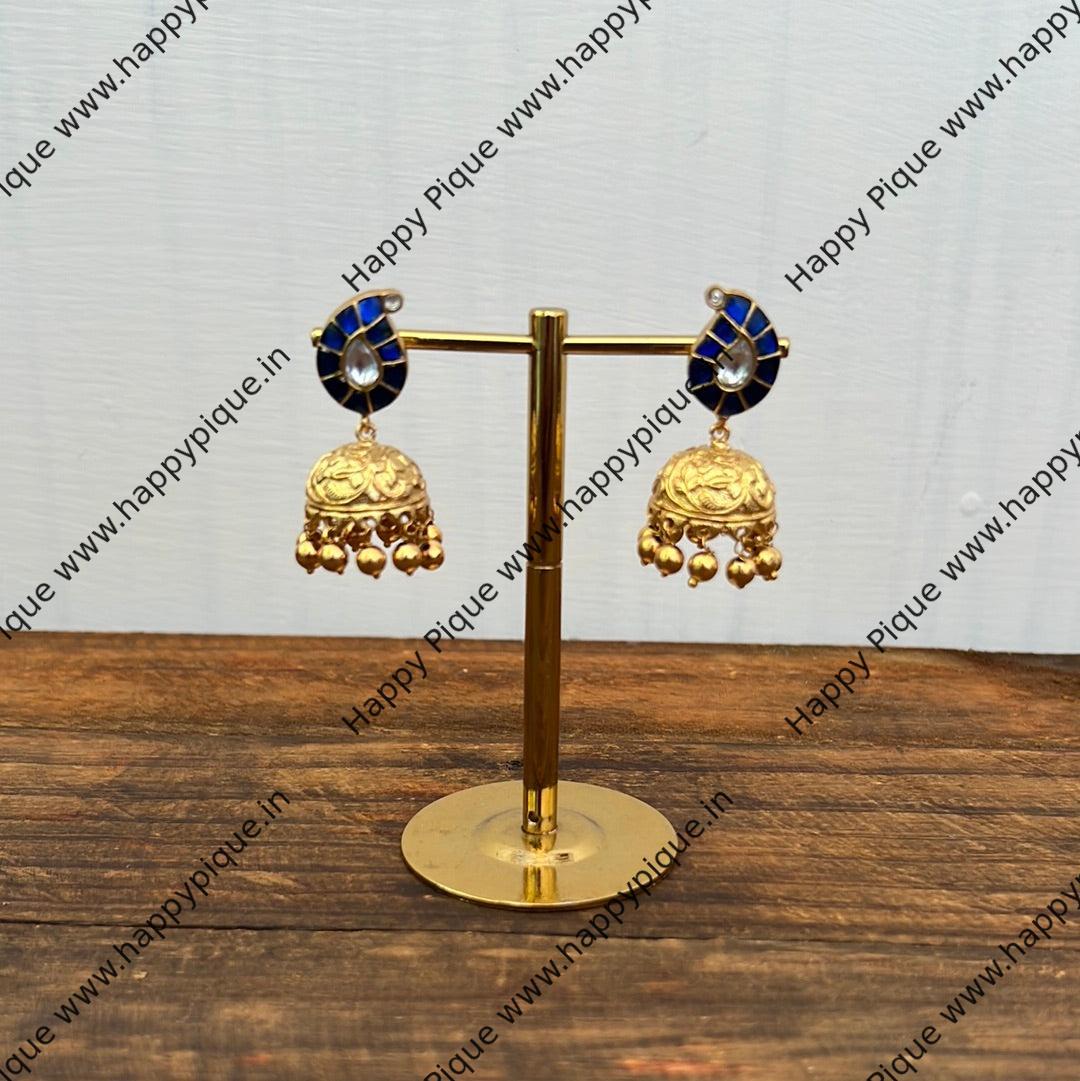 Jadau Kundan Mango Jhumkas - Blue