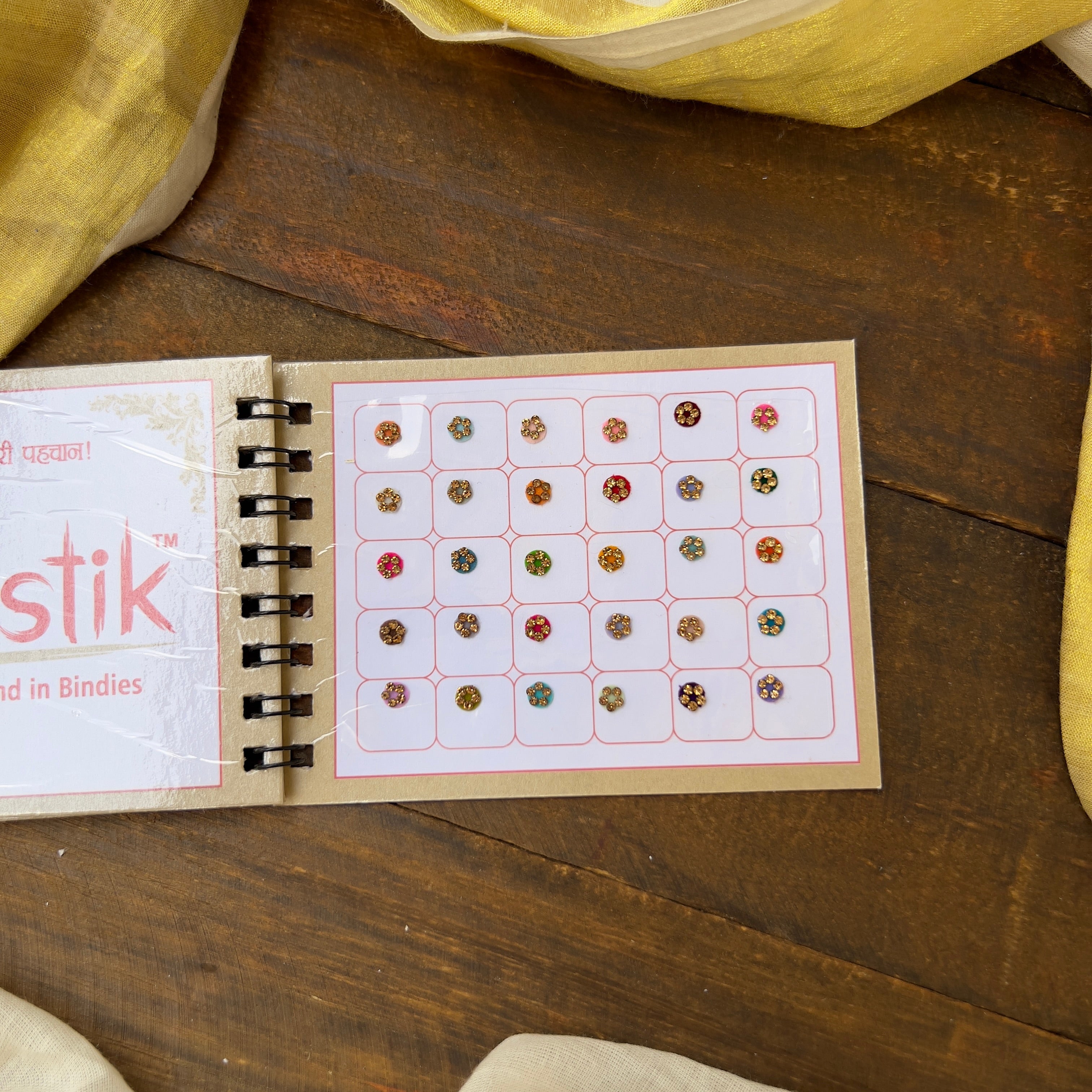 Full Stone Border Multicolour Fancy Velvet Bridal Bindis Sticker Kumkum Spiral Book - Size 6 - Swastik