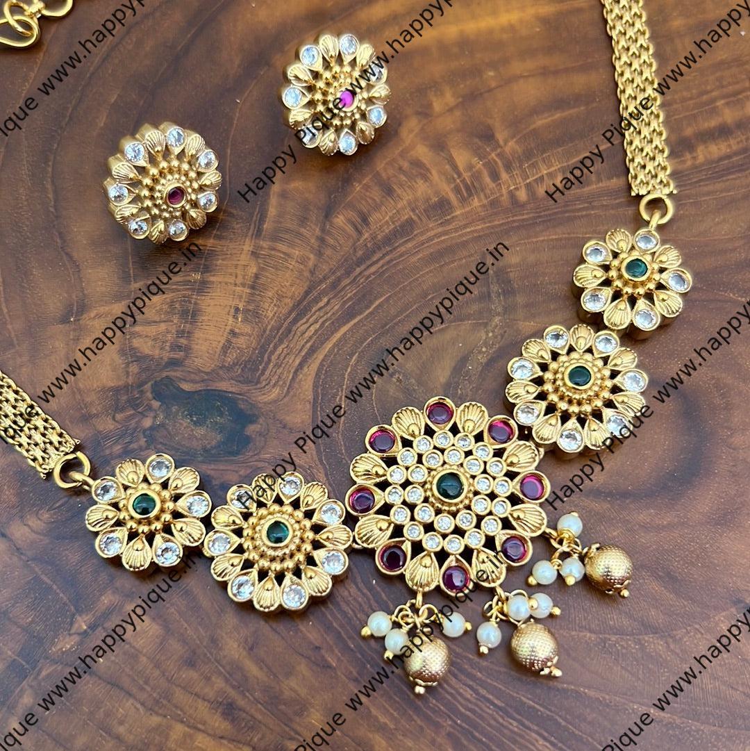 Hot Antique Gold Matte Flower Kemp Choker With Earrings For Women - Budget Friendly Jewellery