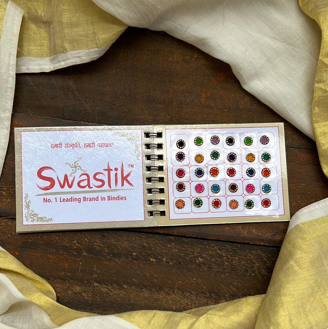 Full Stone Border Multicolour Fancy Velvet Bridal Bindis Sticker Kumkum Spiral Book - Size 12 - Swastik