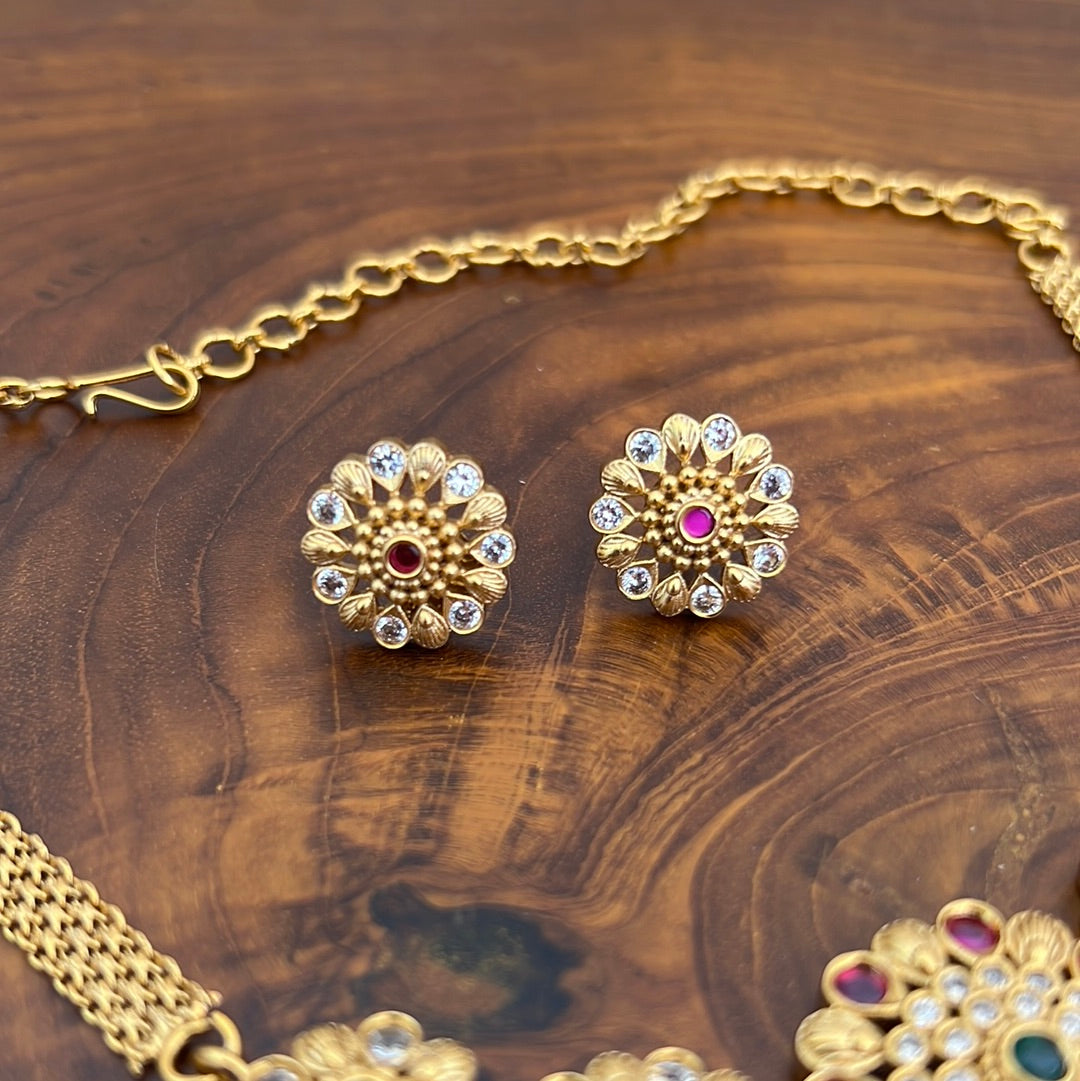 Hot Antique Gold Matte Flower Kemp Choker With Earrings For Women - Budget Friendly Jewellery