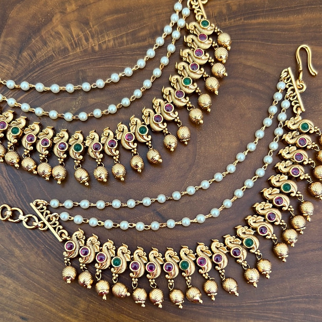 Antique Gold Matte Peacock Kemp Bridal Ear Chain With Pearls - Premium Quality Latest South Indian Bridal Collection