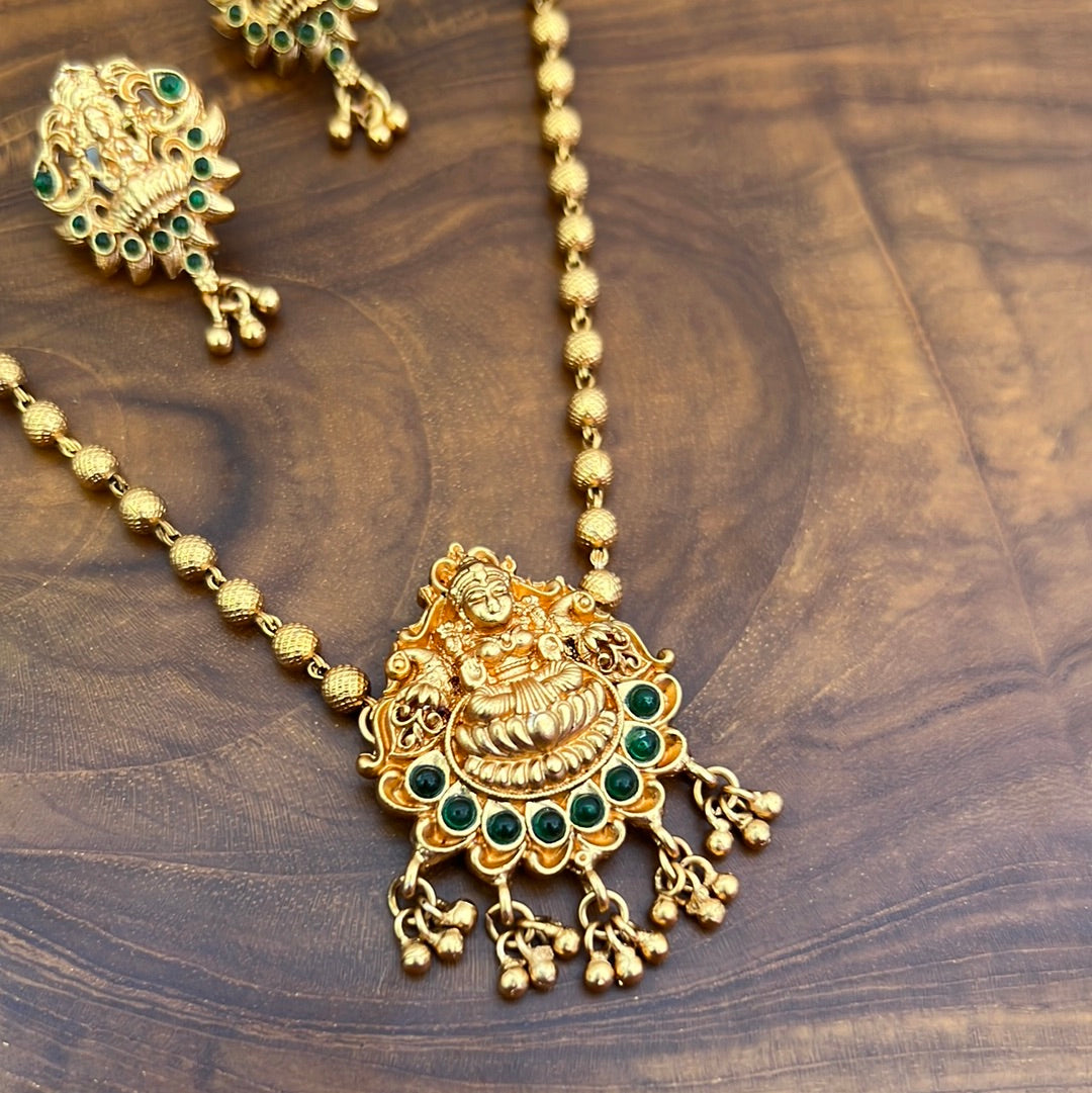 Kids Budget Friendly Lakshmi Pendant Short Mani Mala With Earrings - Green - Latest Hotseller