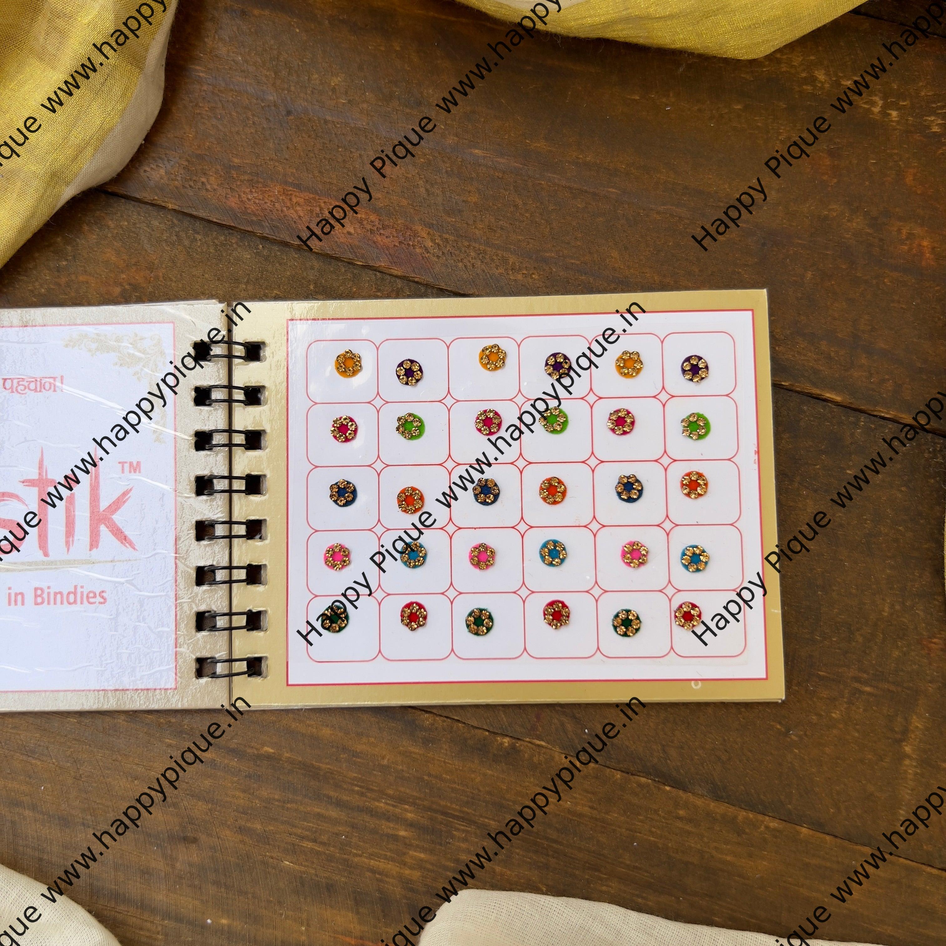 Full Stone Border Multicolour Fancy Velvet Bridal Bindis Sticker Kumkum Spiral Book - Size 6 - Swastik
