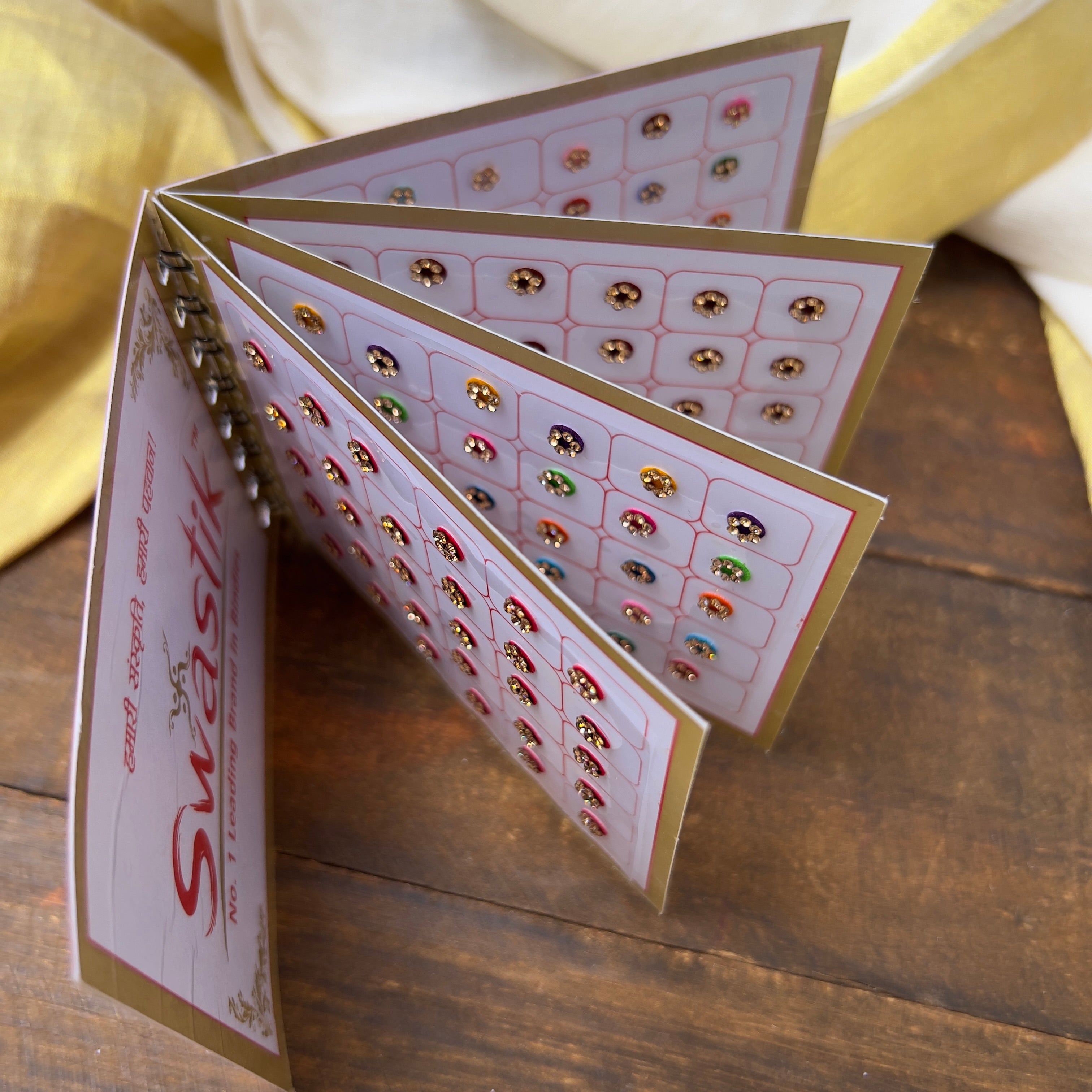 Full Stone Border Multicolour Fancy Velvet Bridal Bindis Sticker Kumkum Spiral Book - Size 6 - Swastik