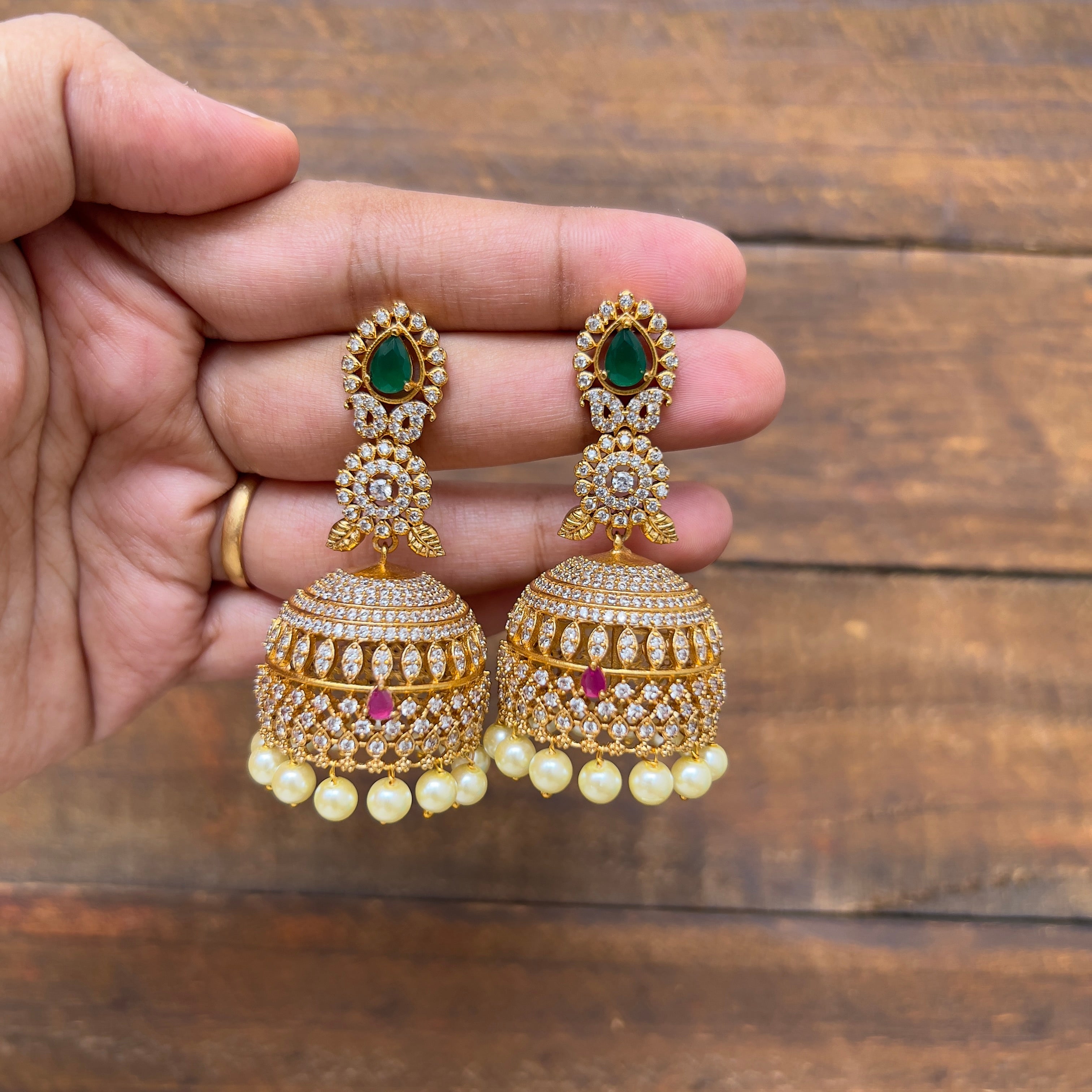 Gold Look AD Emerald Stone Bridal Jhumkas