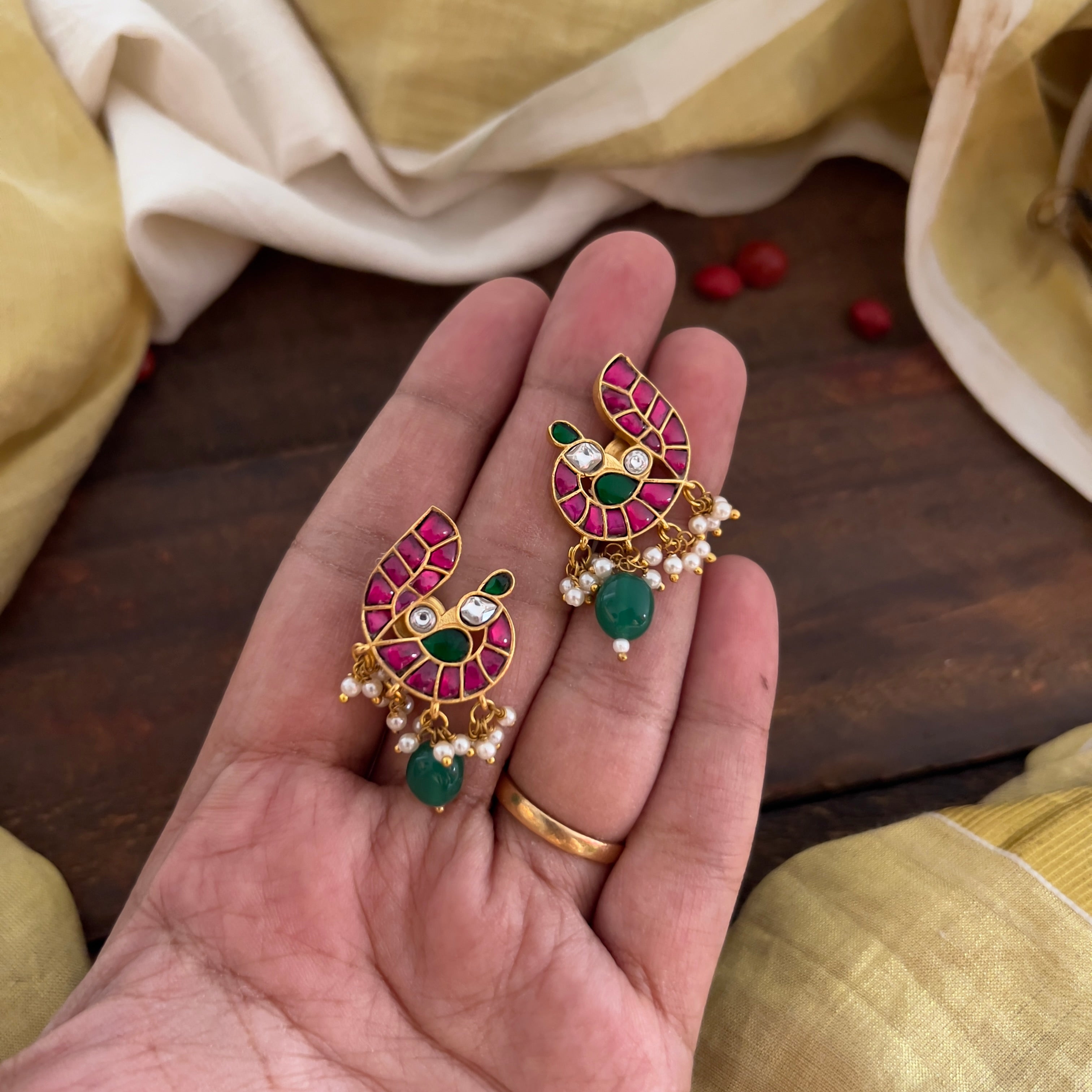 Gold Plated Bird Drop Jadau Kundan Earrings