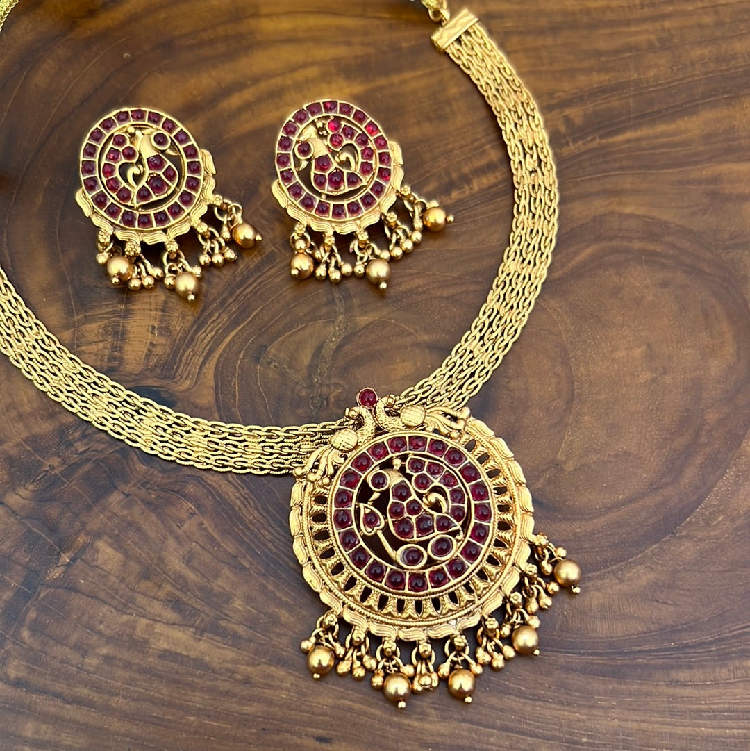 Kemp Mayur Chakra Necklace Set - Red - Budget Friendly Bridal Wear