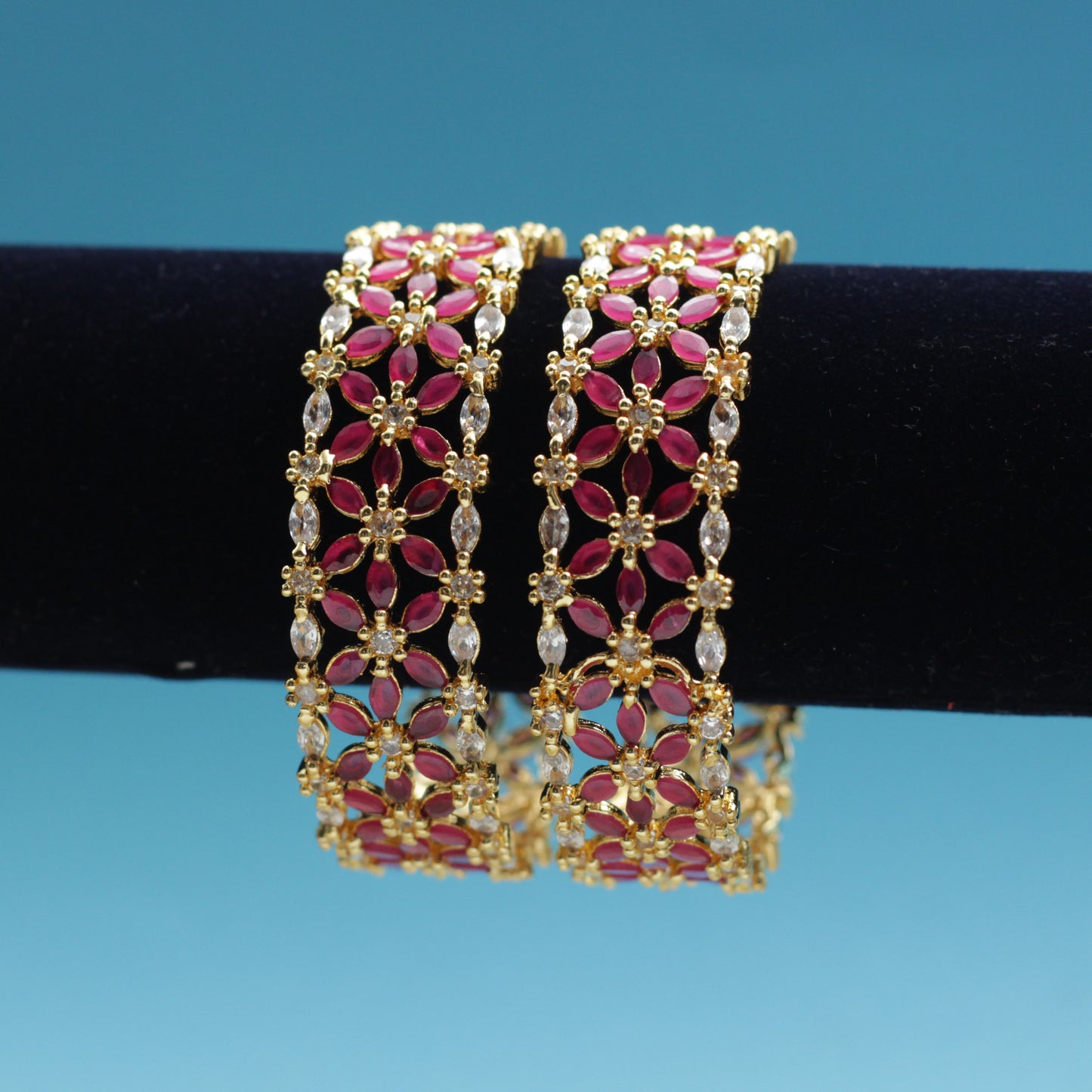 Thick Flower Cubic Zircon & AD Stone Gold Plated Bangles