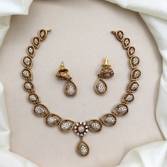 Diamond Look Antique Gold AD Mango Tilak Necklace Set