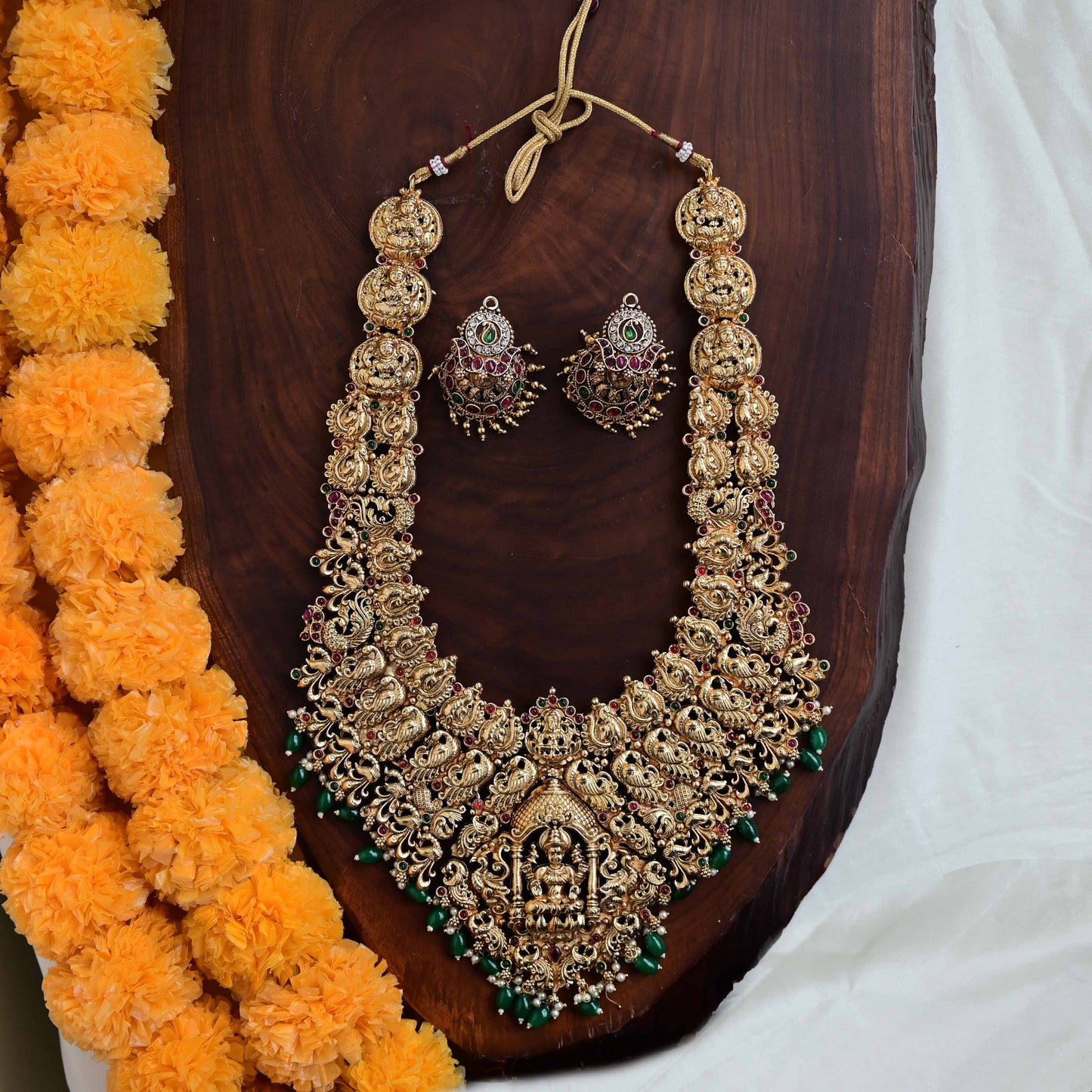 Dhanya - Heavy Nagas South Indian Temple Kemp Bridal Haaram - Antique Gold Finish