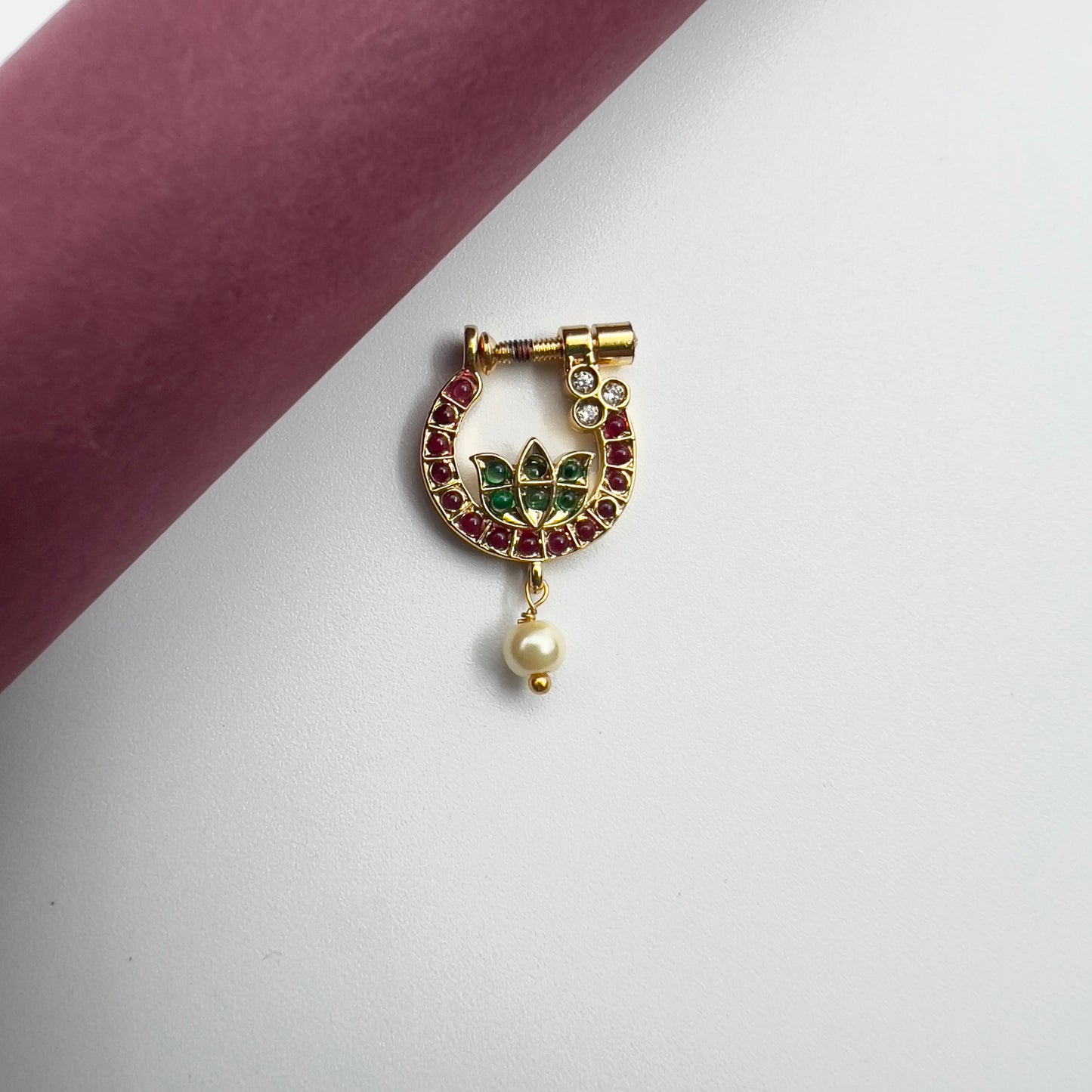 Antique Gold Look Premium Kemp Lotus Bridal Nath - Ruby & Green