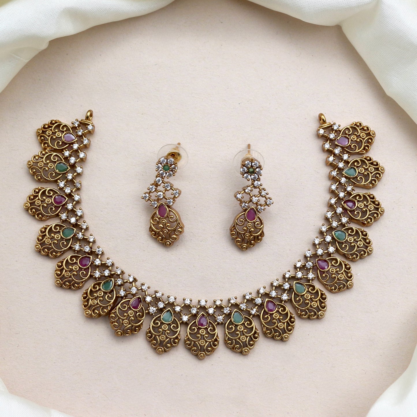 Antique Gold Designer AD Kemp Bridal Necklace Set