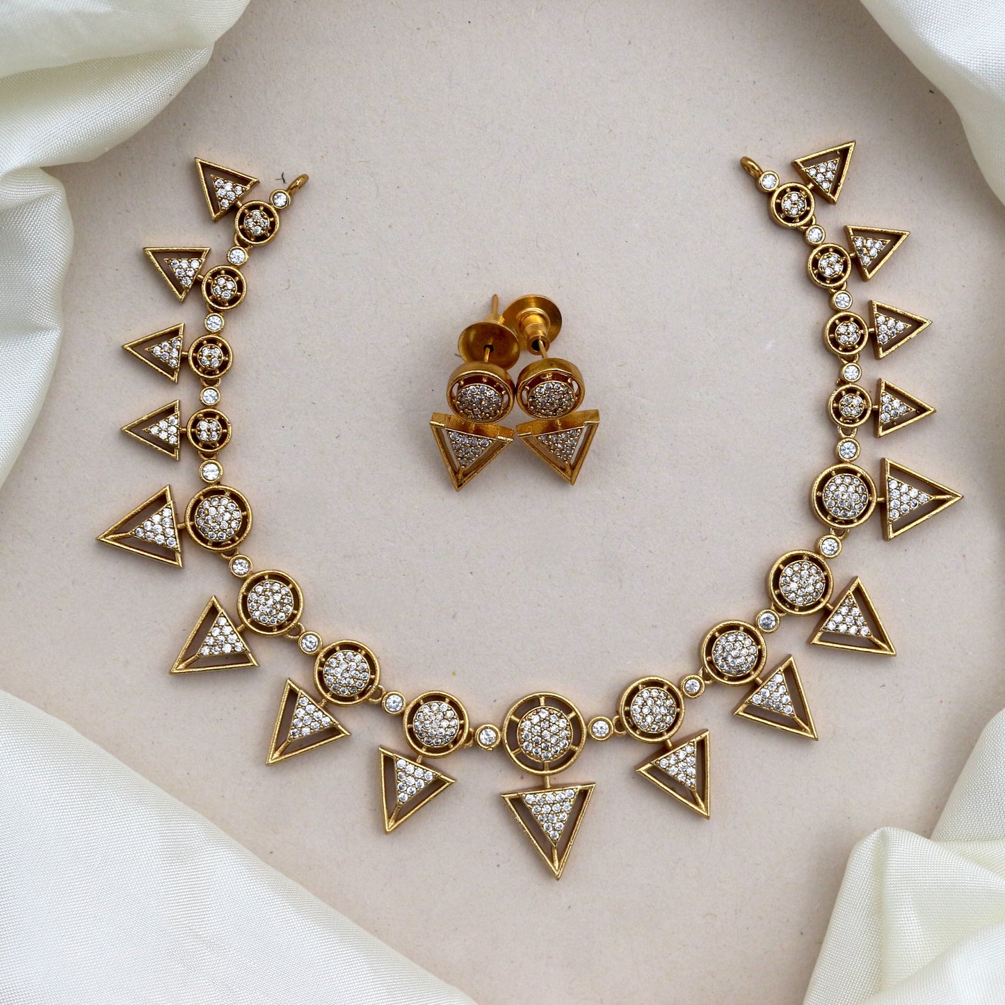 Antique Gold AD Circle Triangle Bridal Necklace Set