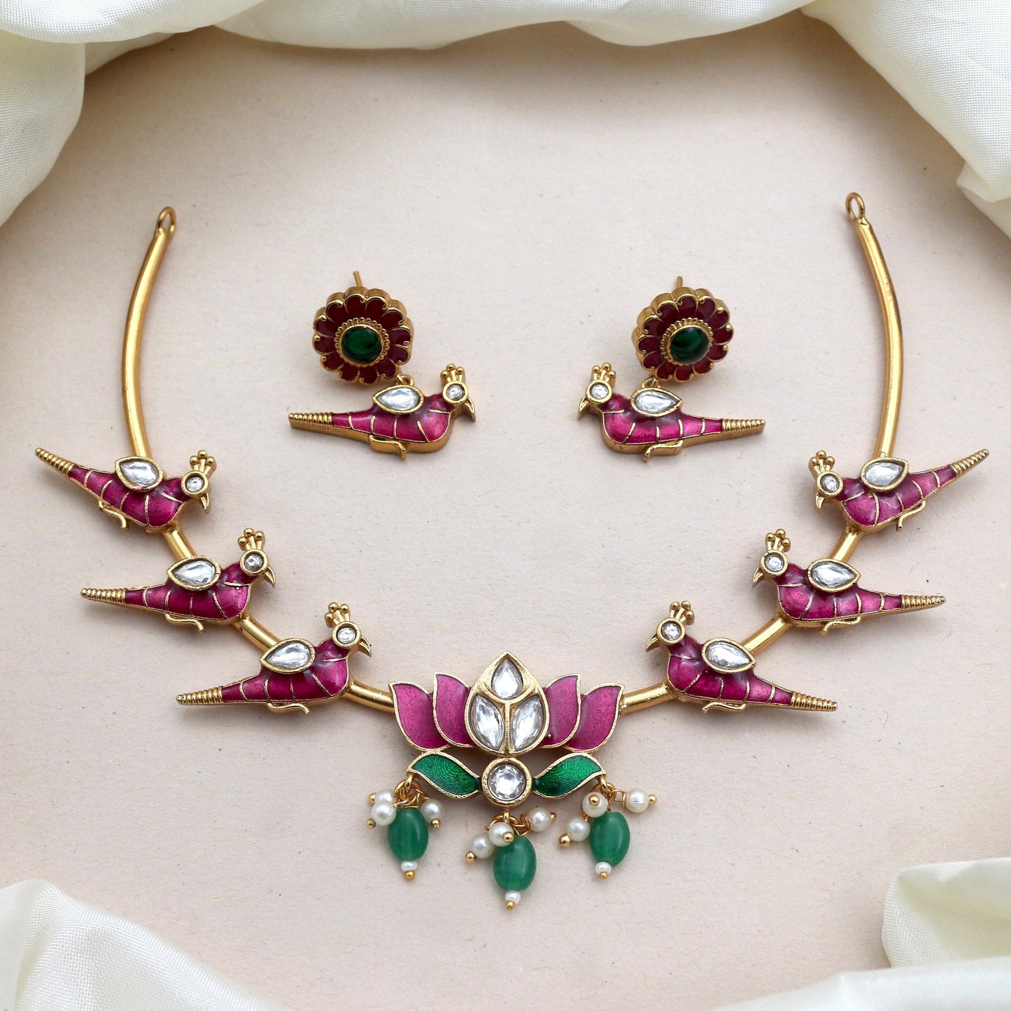 Antique Gold Enamel Kundan Lotus Birds Hasli Necklace Set