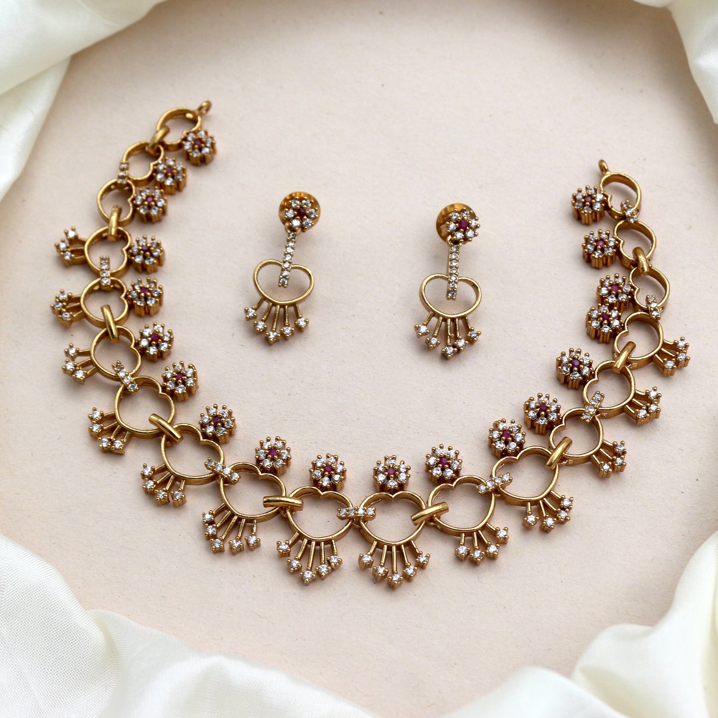 Antique Gold AD Weave Pattern Designer Flower Necklace Set