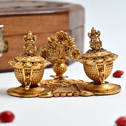 Antique Gold Premium Lakshmi Kalasam Halsi & Kumkum Box - Halsi Sindoor Dabbi