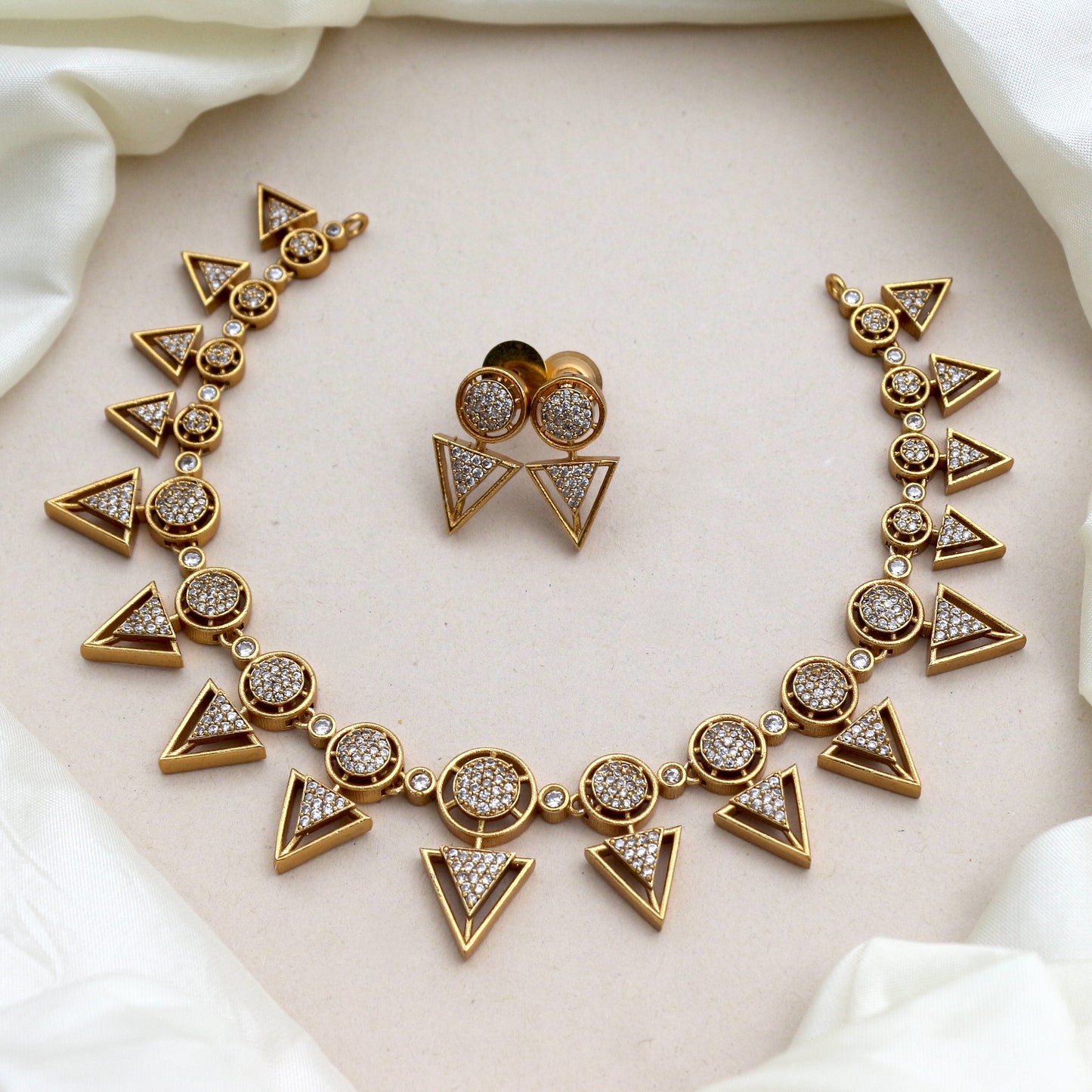 Antique Gold AD Circle Triangle Bridal Necklace Set