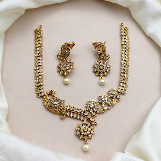 Antique Gold AD Peacock Flower Necklace Set