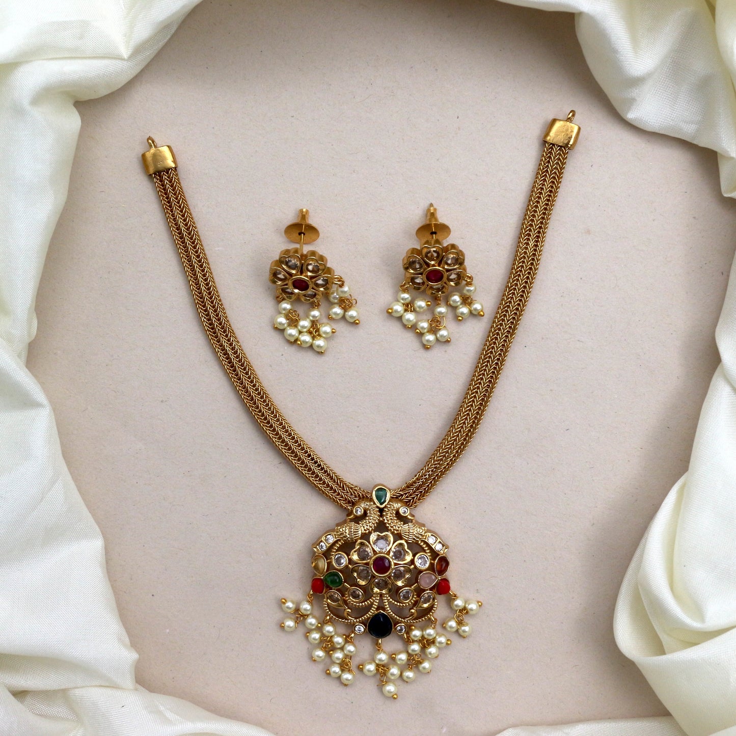 Antique Gold Navarathna Pendant Short Necklace Set