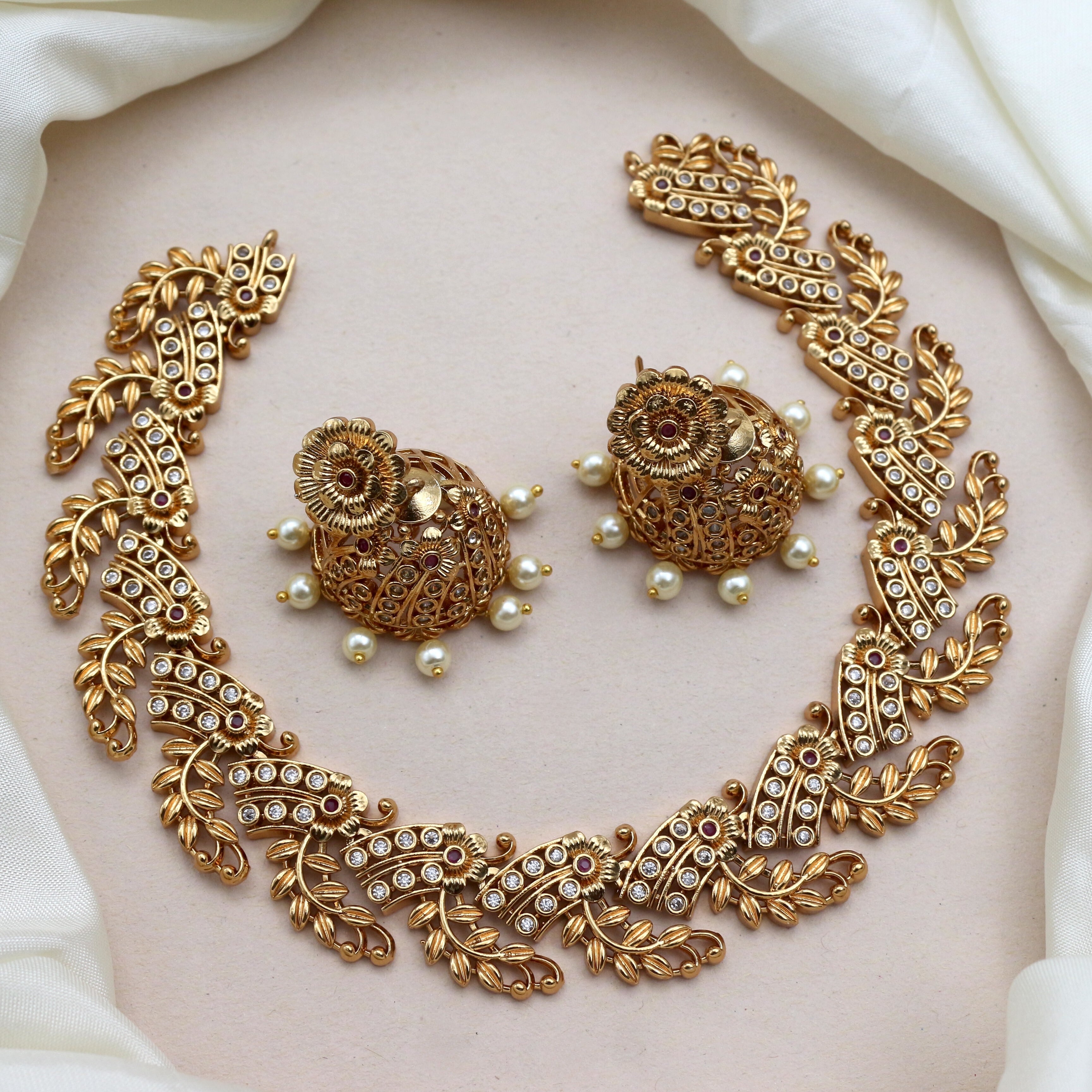 Antique Gold AD Leaf Flower Bridal Necklace Set