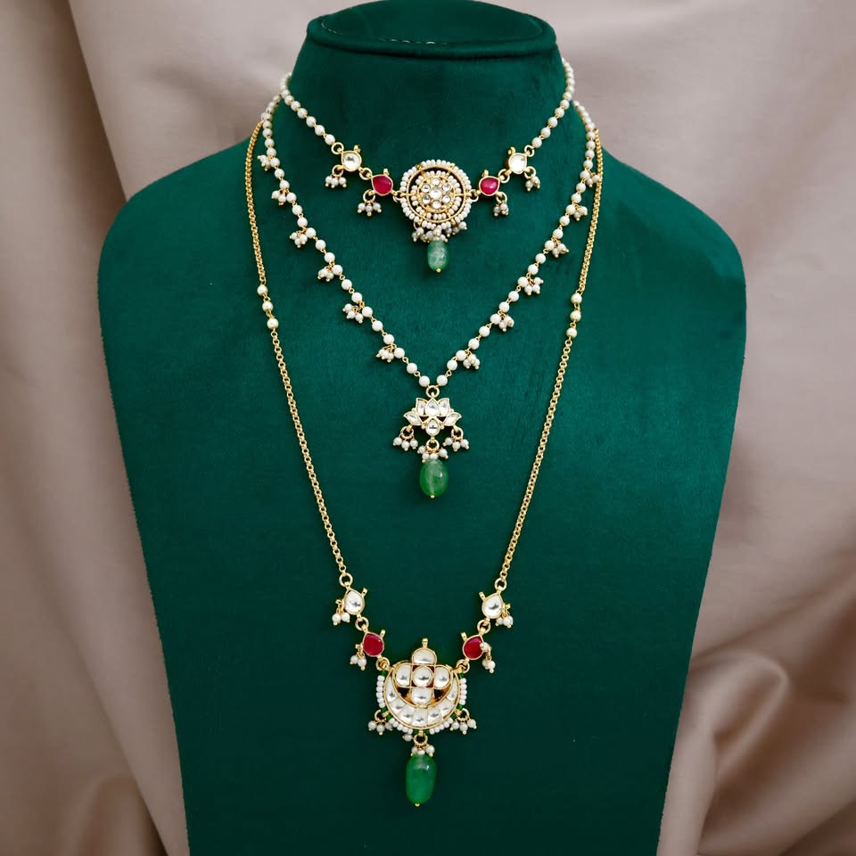 Premium Pachi Kundan 3 Layer Lotus Flower Combo Set
