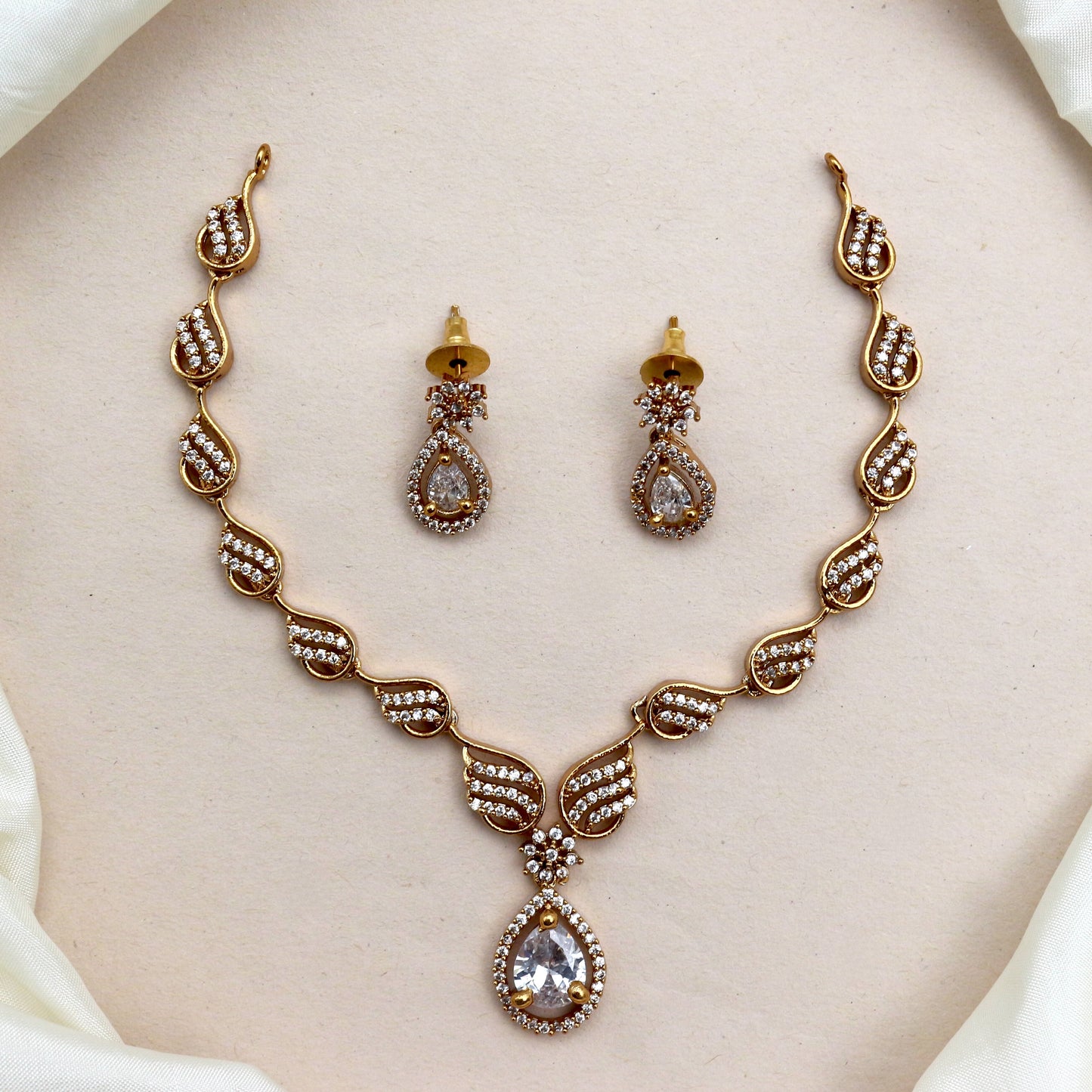 Antique Gold AD Tilak Drop Bridal Necklace Set - White