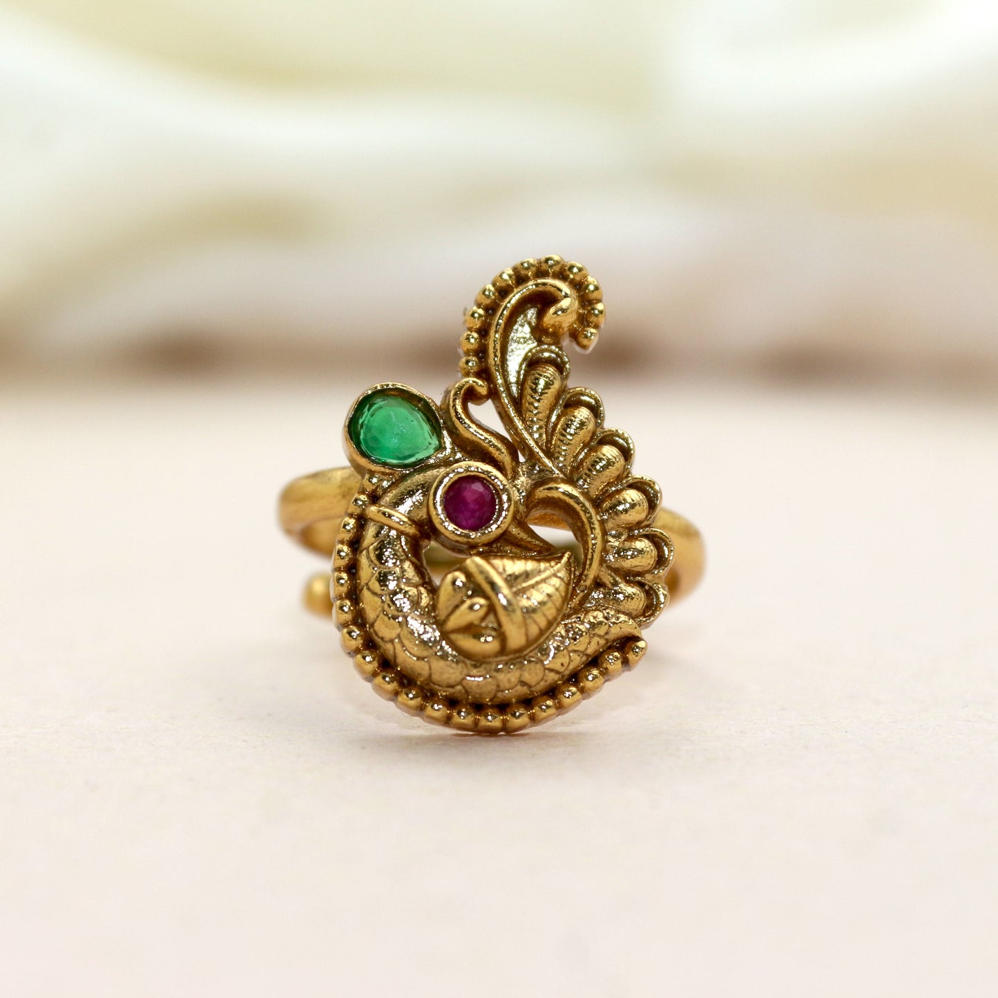 Antique Gold Kemp Peacock Adjustable Bridal Finger Ring