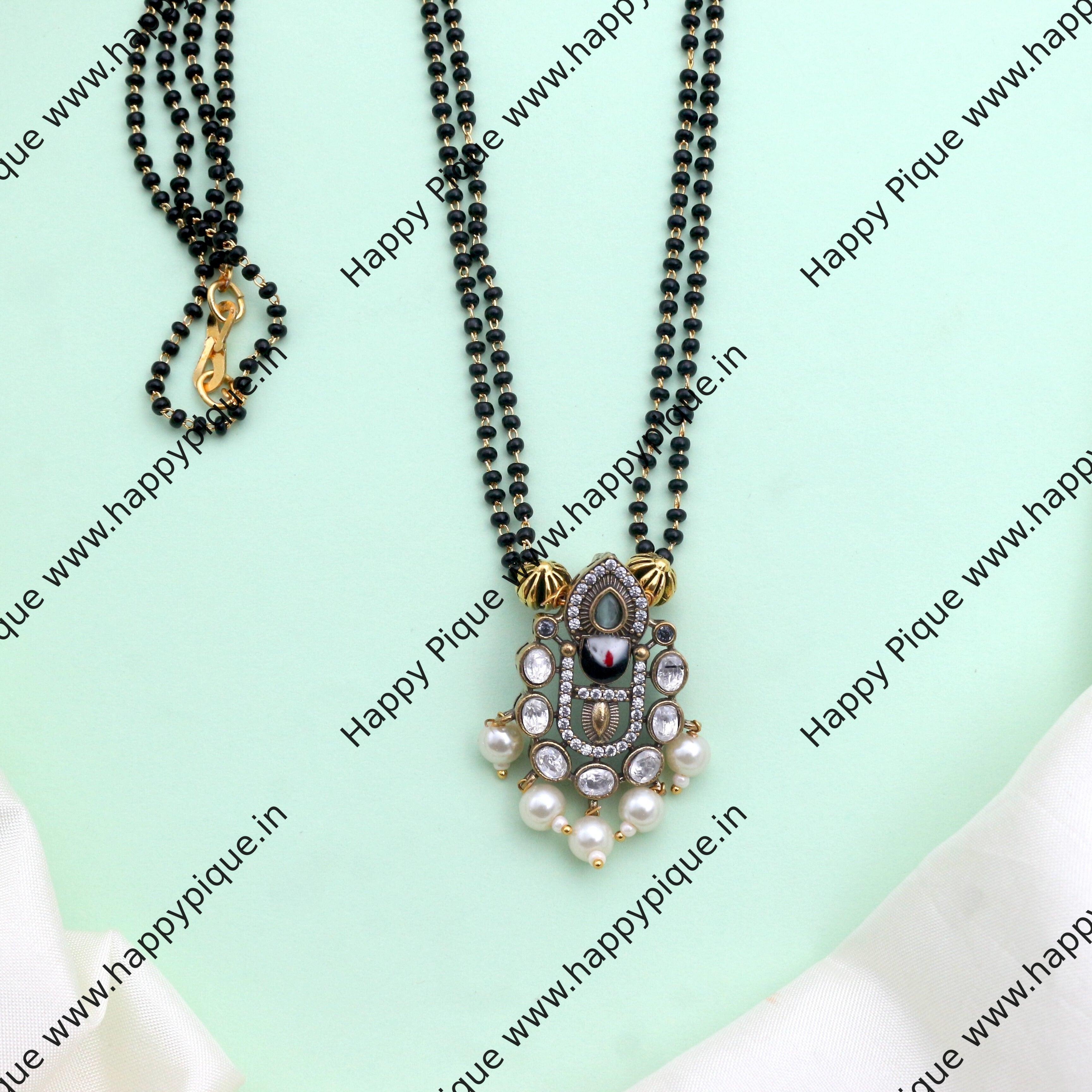 Victorian Vishnu Pendant 2 Line Black Beads Mangalsutra