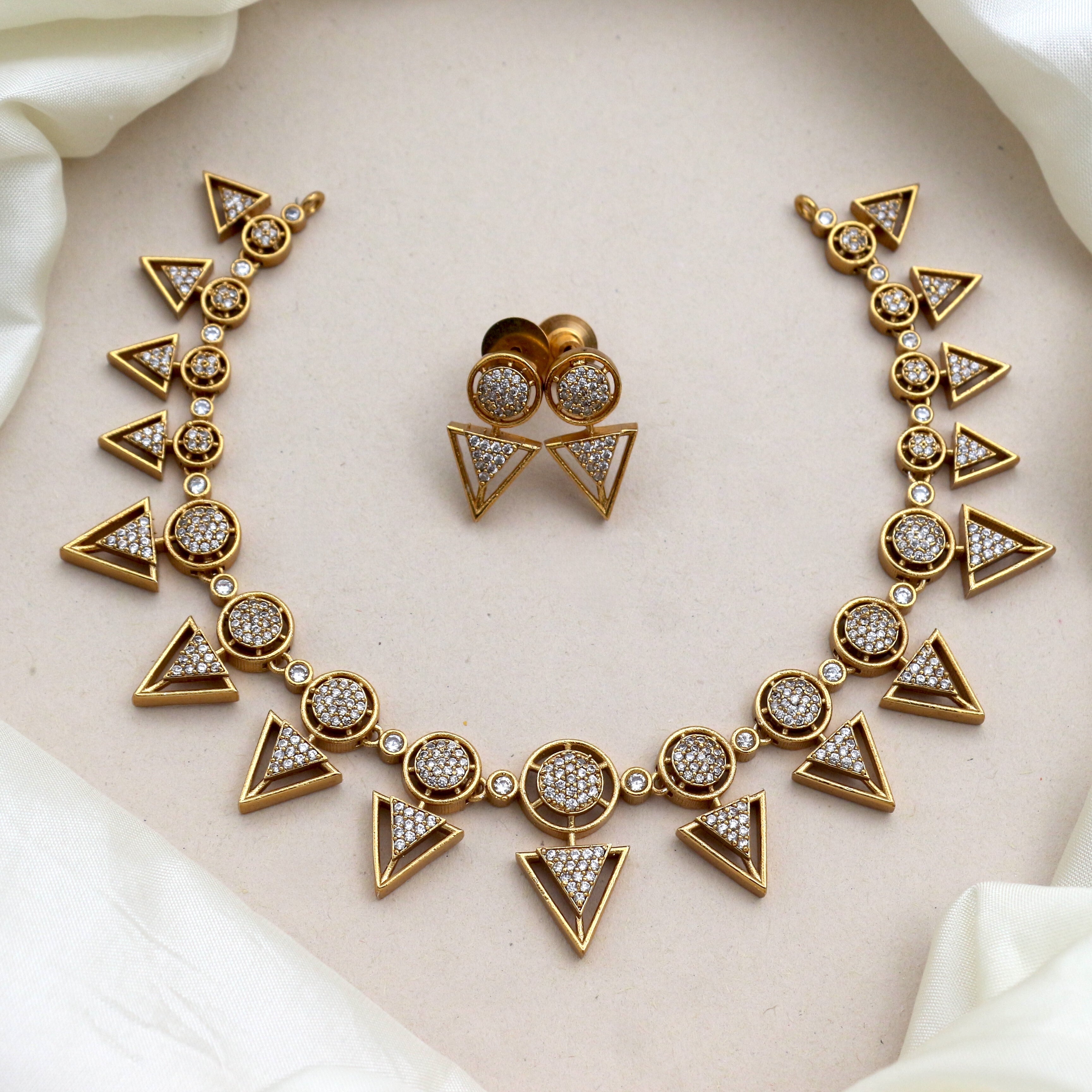 Antique Gold AD Circle Triangle Bridal Necklace Set