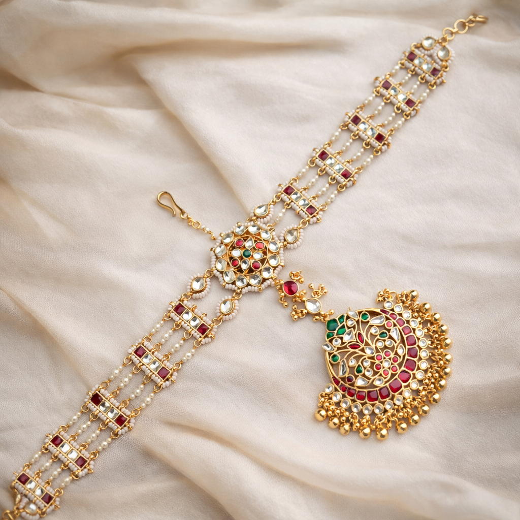 Grand Heavy Pachi Kundan Bridal Sheeshpool & Maang Tikka Set