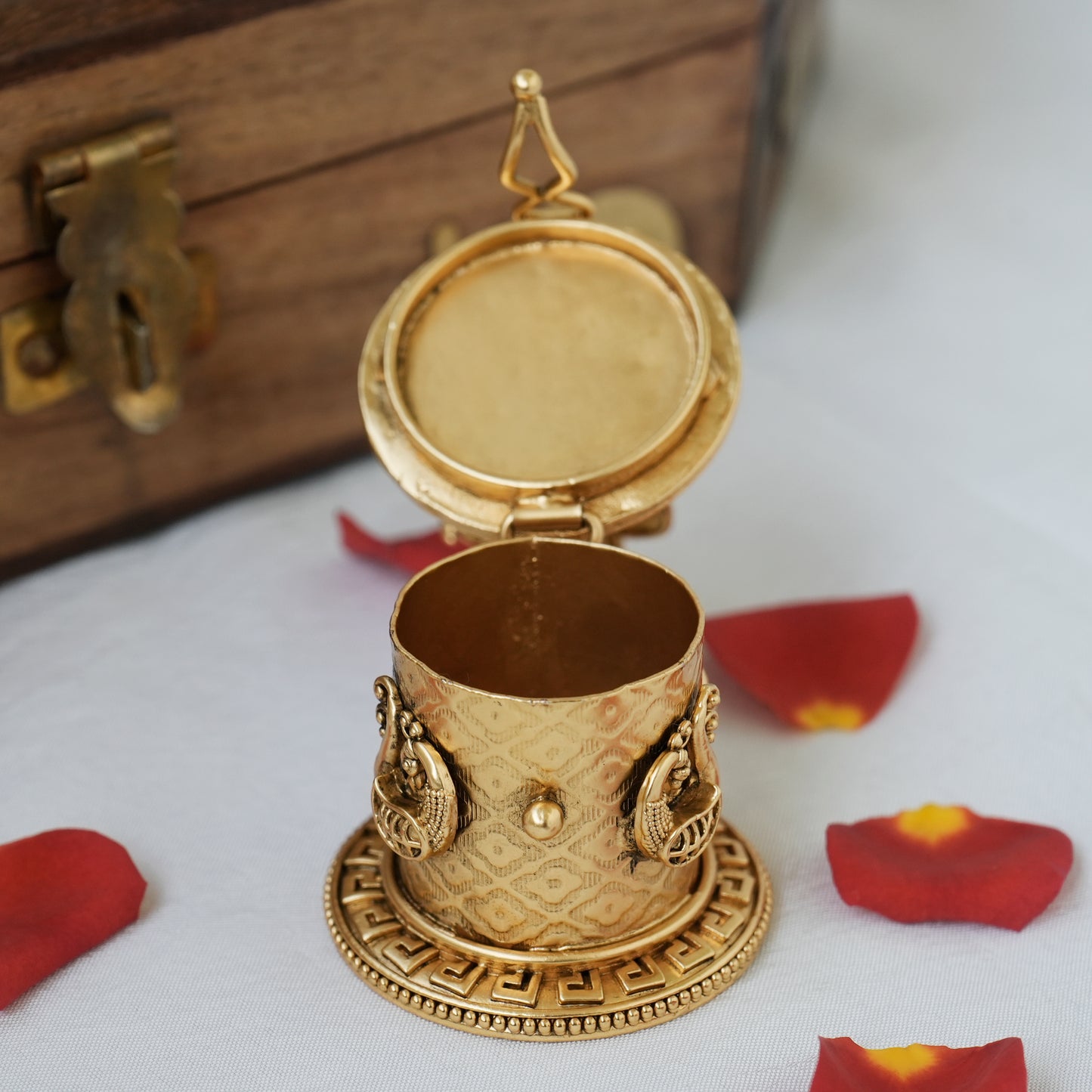 Antique Gold Nagasi Sri Krishna Kemp KumKum Box/Kumkum Karanda/Sindoor Dabbi