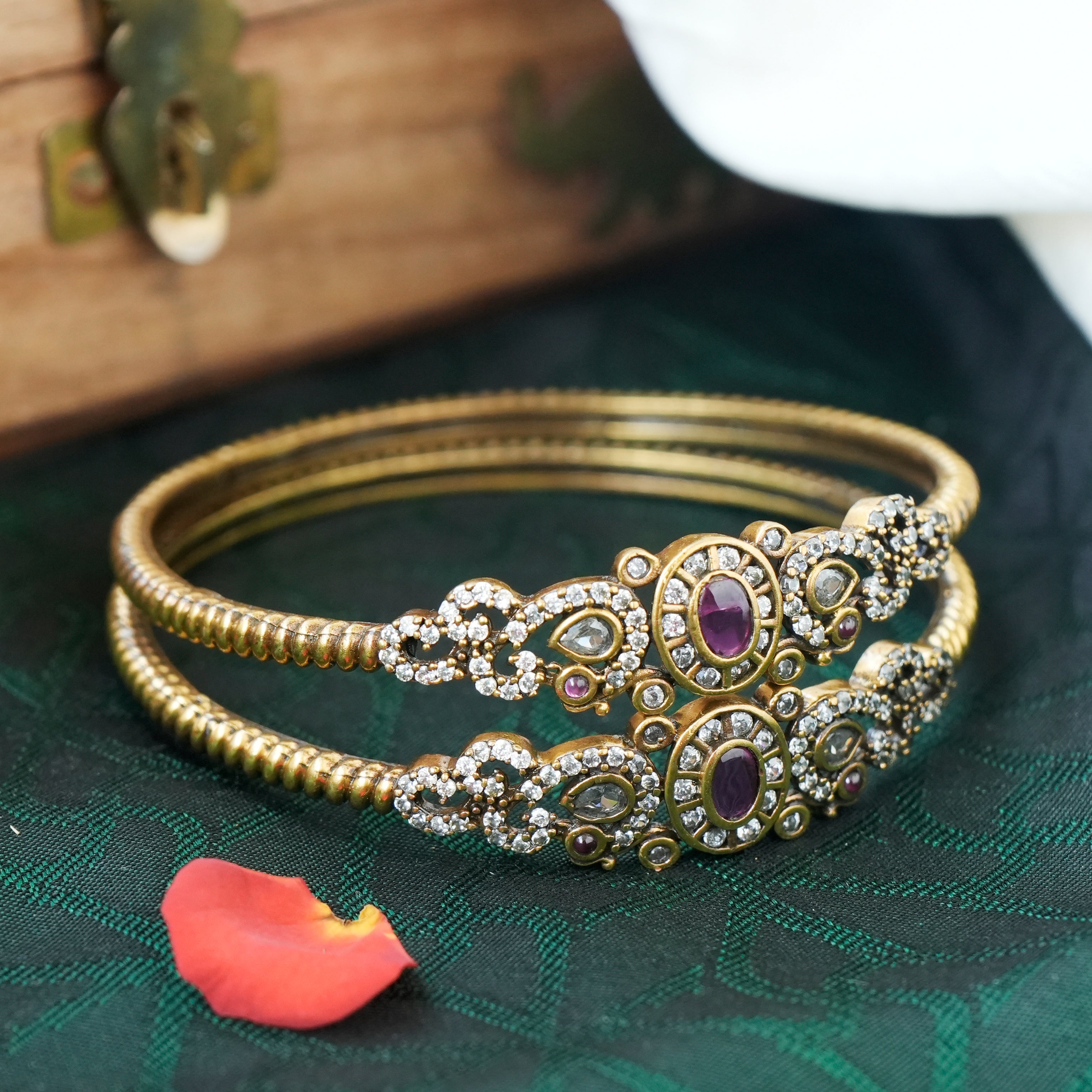 Antique Mehendi Victorian Polish AD Rettapakshi Kada Bangles - Ruby