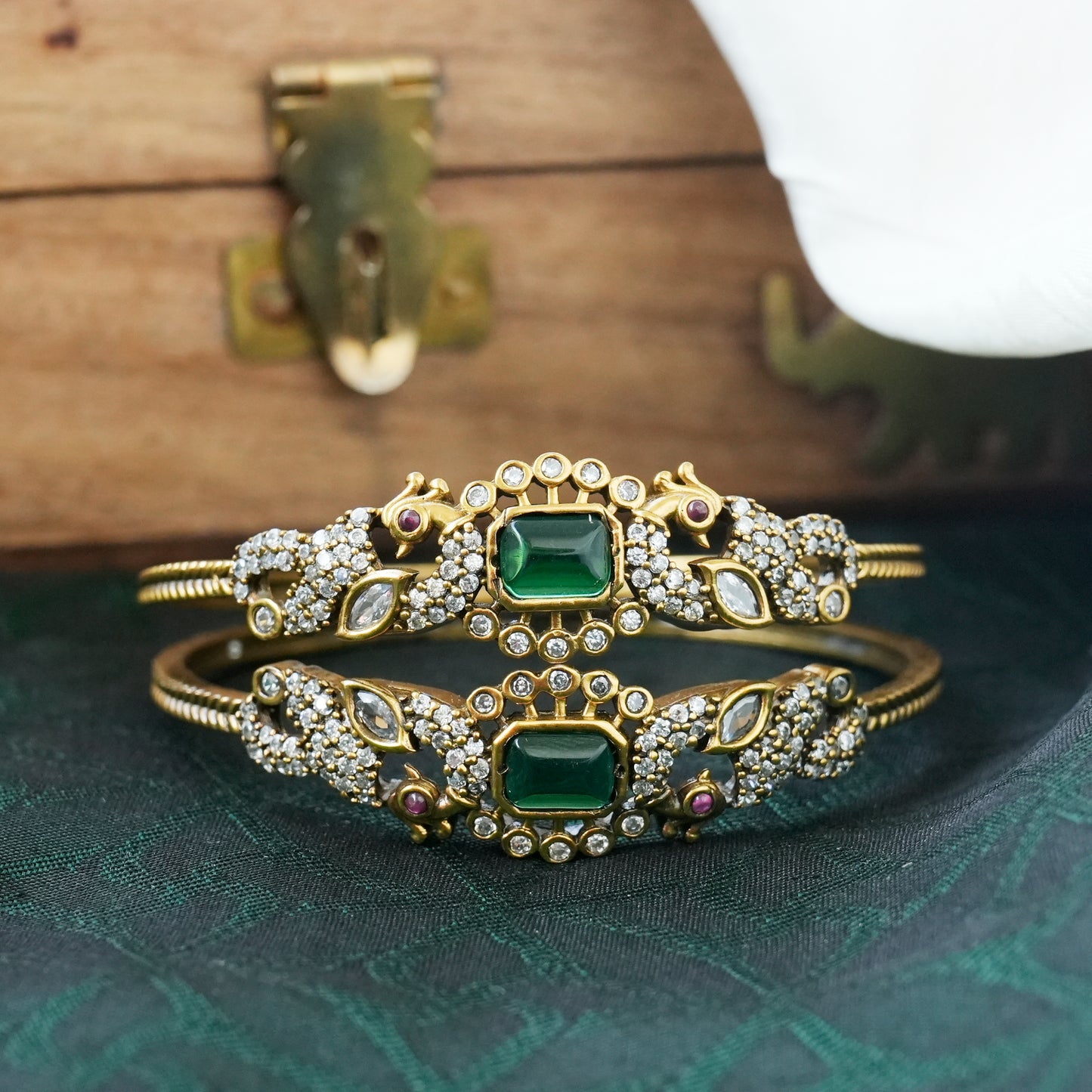 Antique Mehendi Victorian Polish AD Peacock Kada Bangles - Emerald