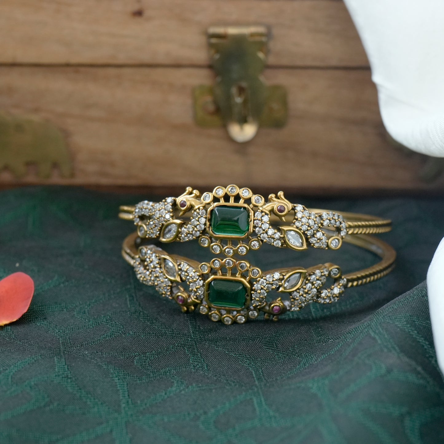 Antique Mehendi Victorian Polish AD Peacock Kada Bangles - Emerald