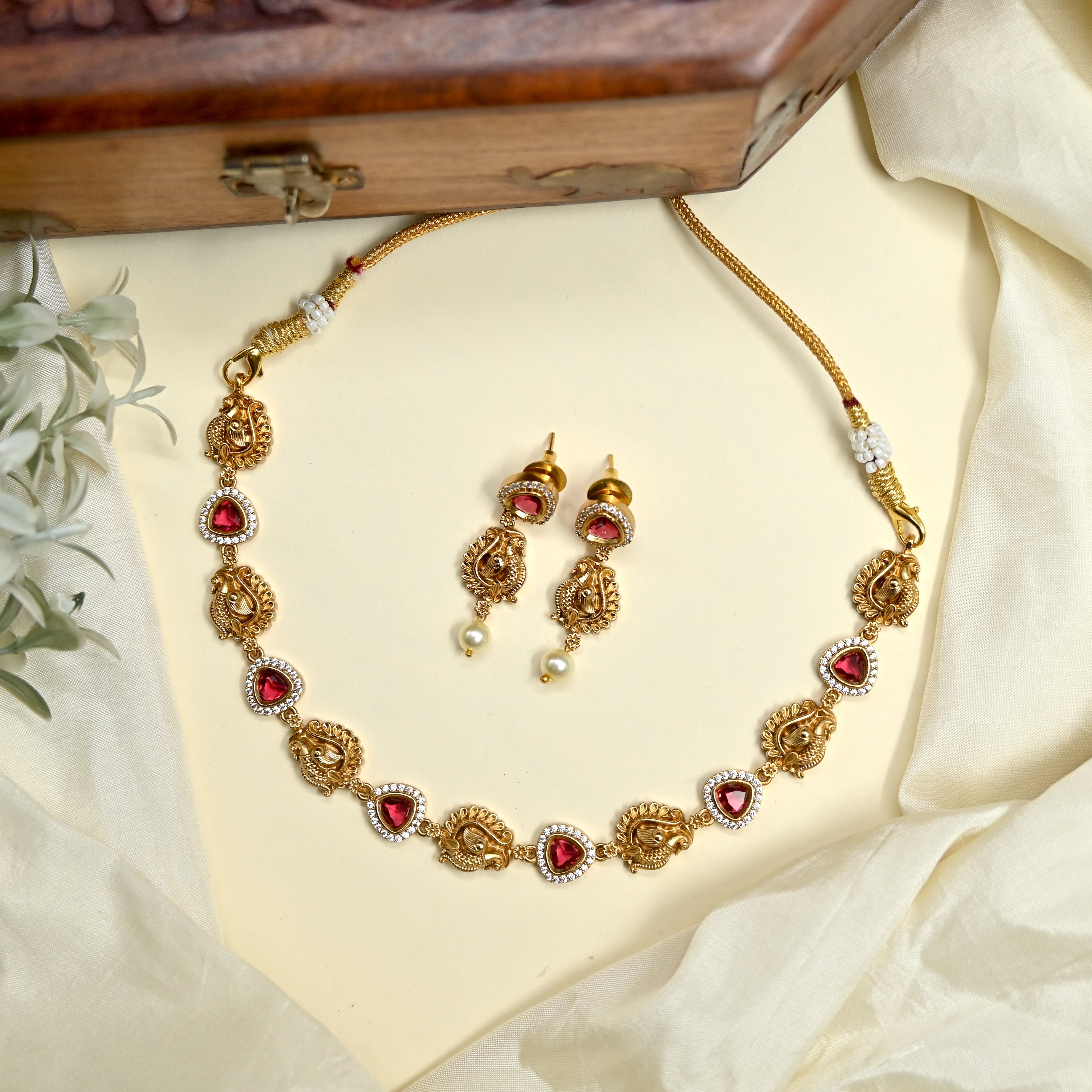 Real Gold Look Annapakshi AD CZ Stone Necklace Set