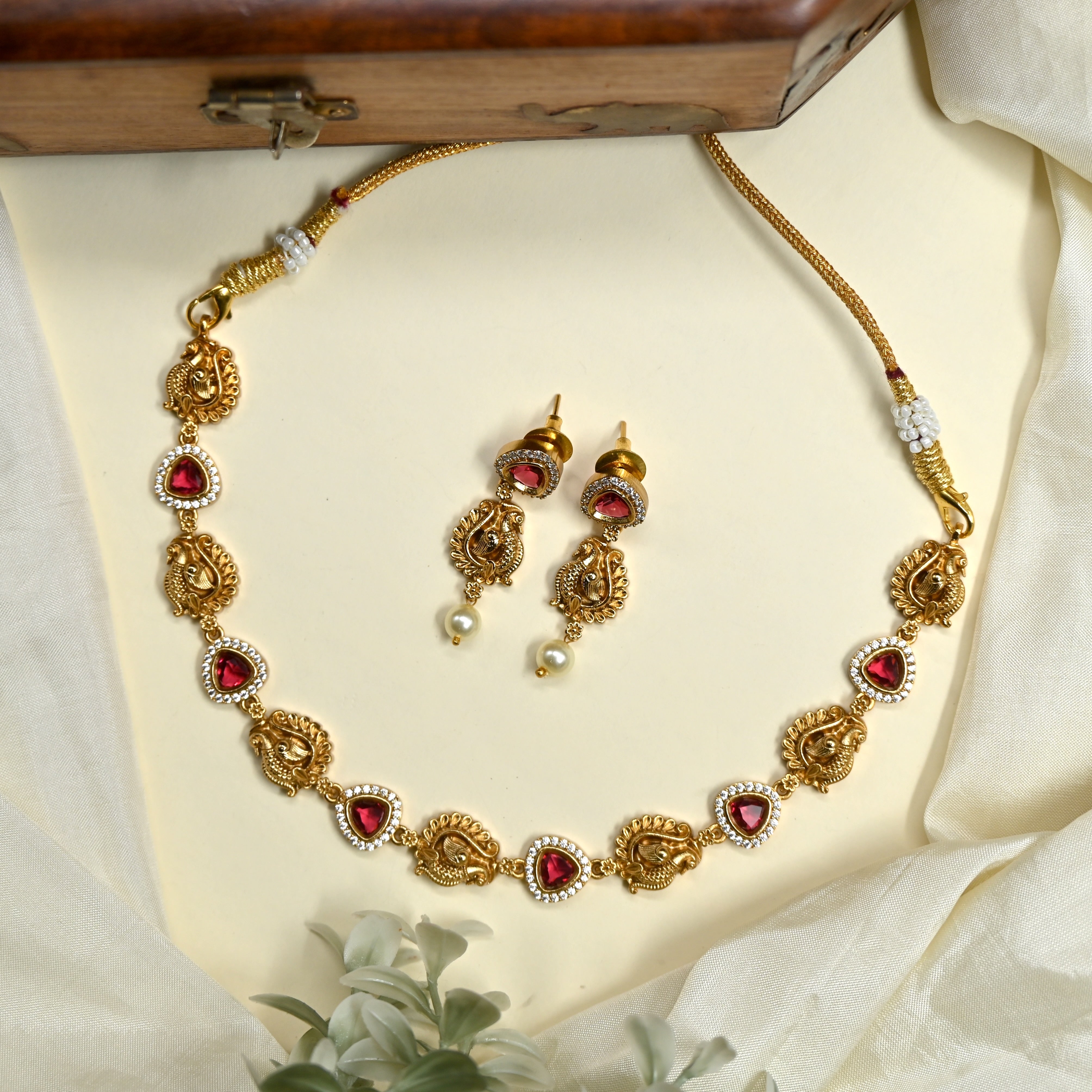 Real Gold Look Annapakshi AD CZ Stone Necklace Set