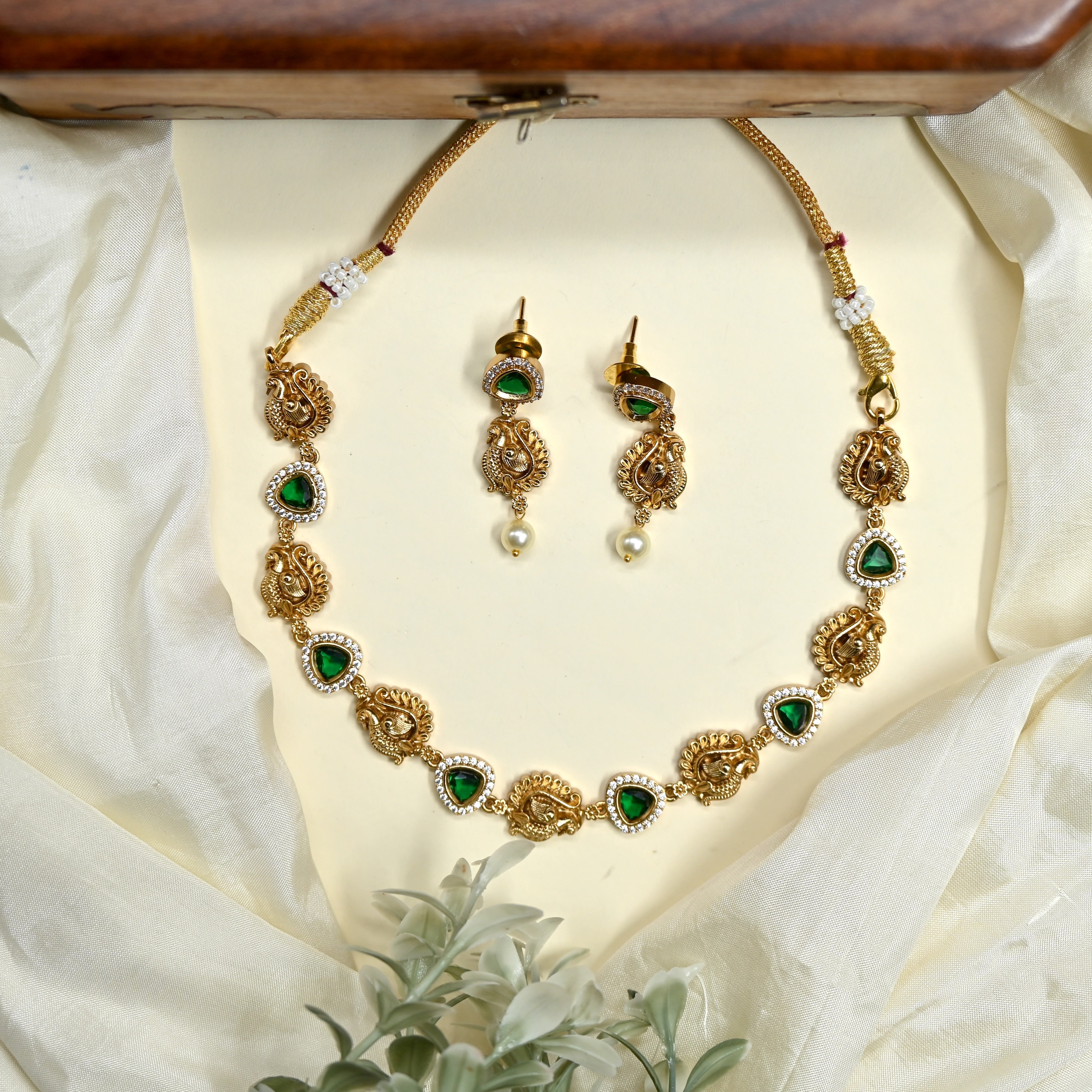 Real Gold Look Annapakshi AD CZ Stone Necklace Set