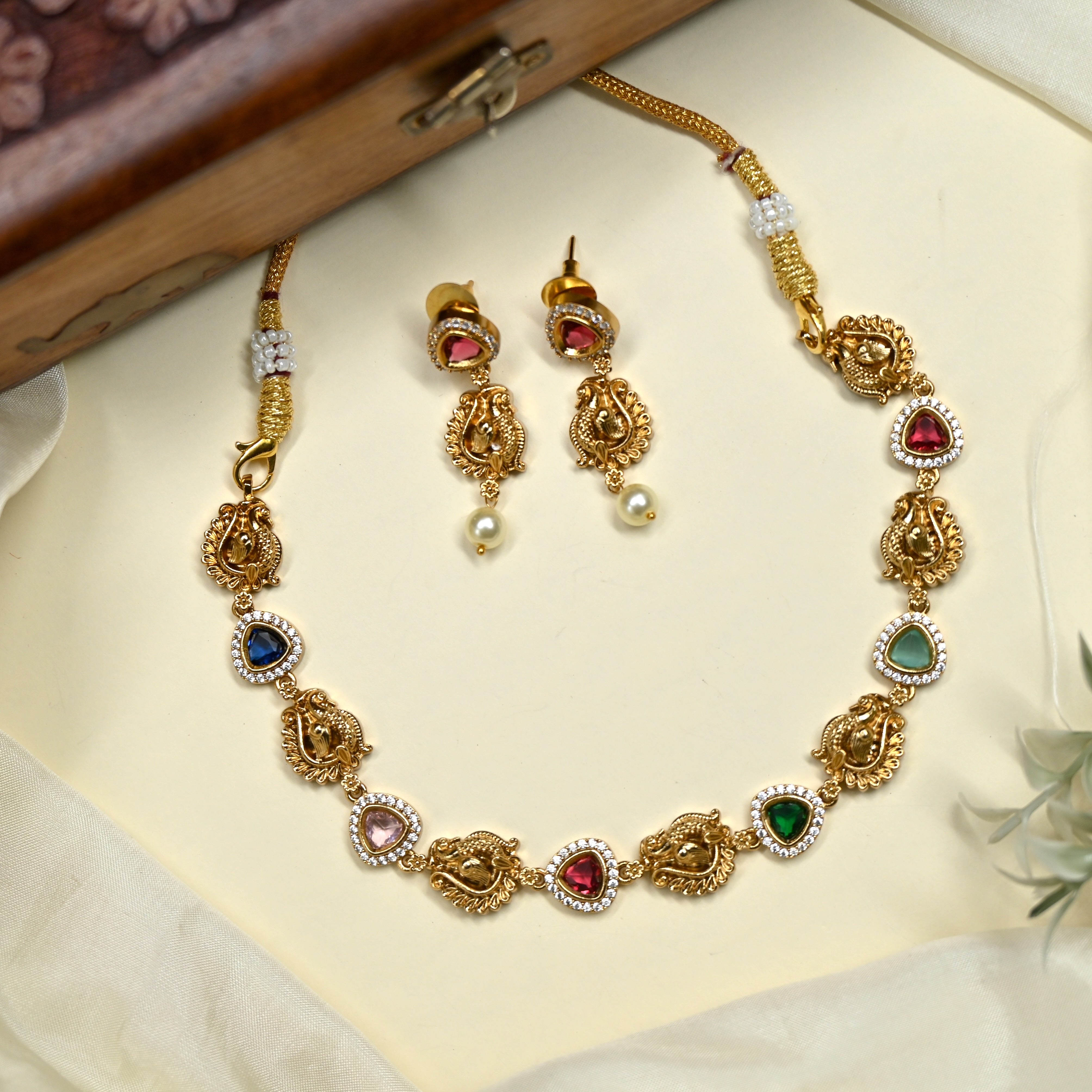 Real Gold Look Annapakshi AD CZ Stone Necklace Set