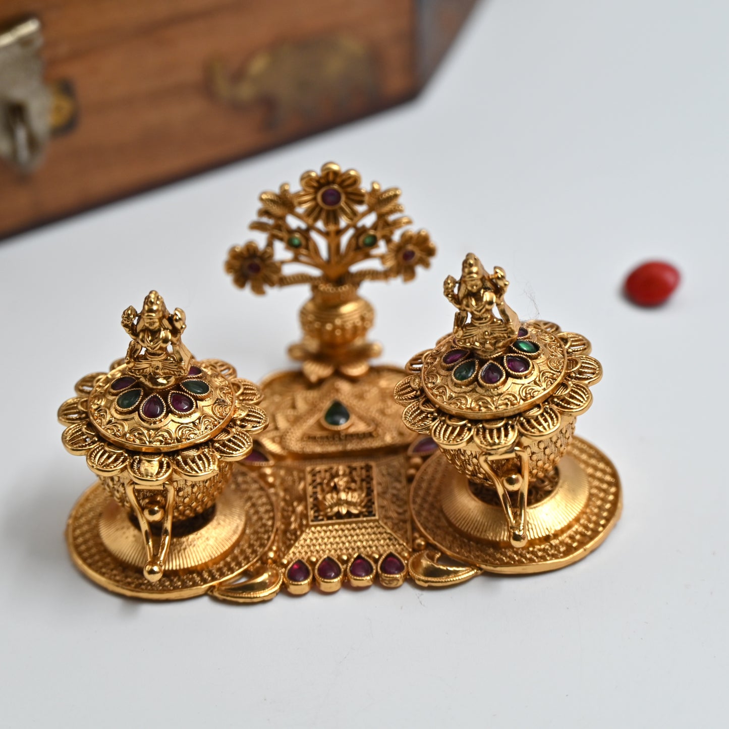 Antique Gold Premium Lakshmi Kalasam Halsi & Kumkum Box - Halsi Sindoor Dabbi