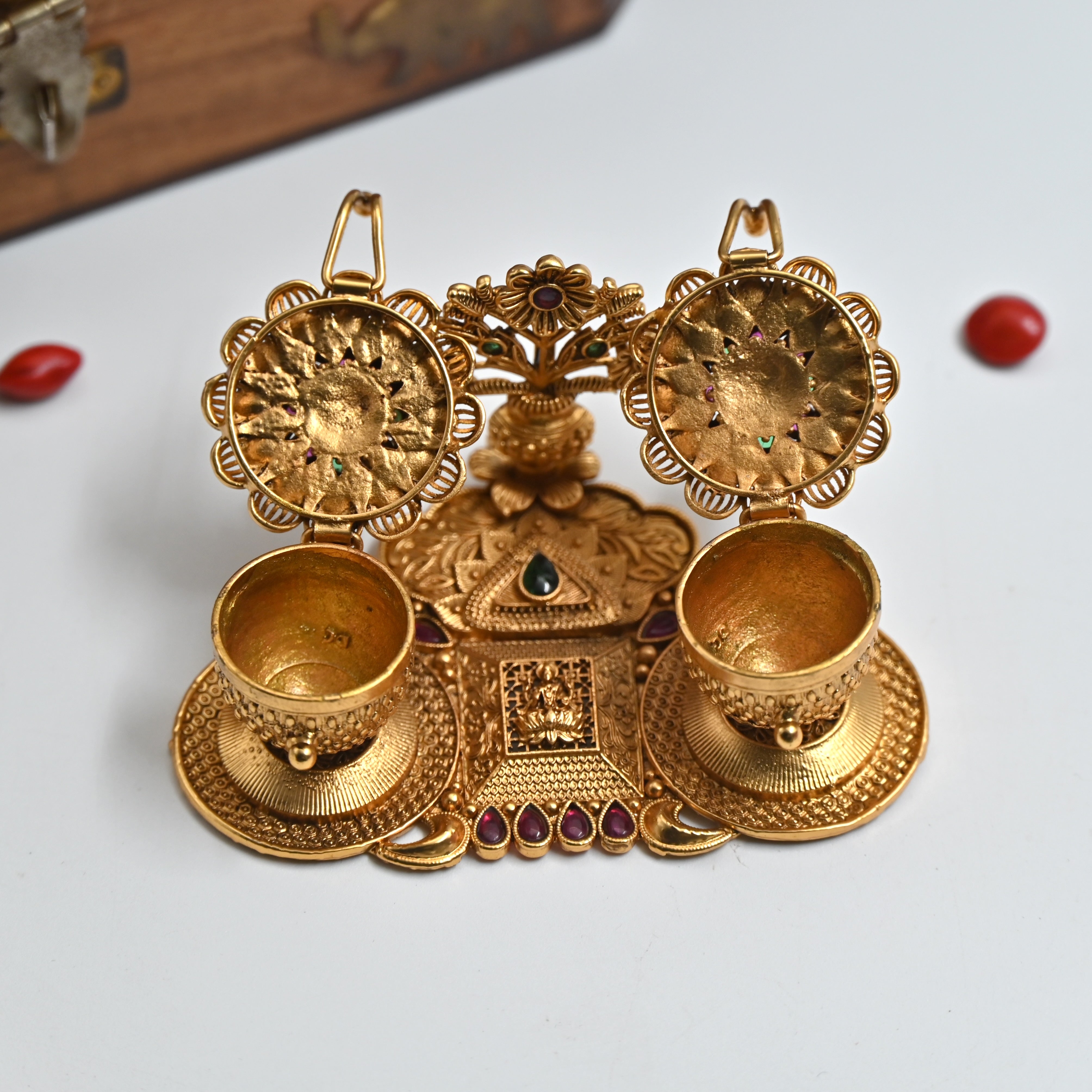 Antique Gold Premium Lakshmi Kalasam Halsi & Kumkum Box - Halsi Sindoor Dabbi