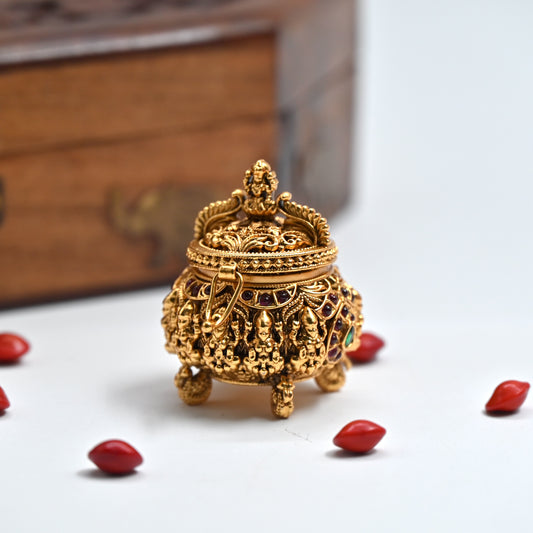 Antique Gold Kemp Intricate Lakshmi Devi Carvings Round Haldi/Kumkum Box - Sindoor Dabbi